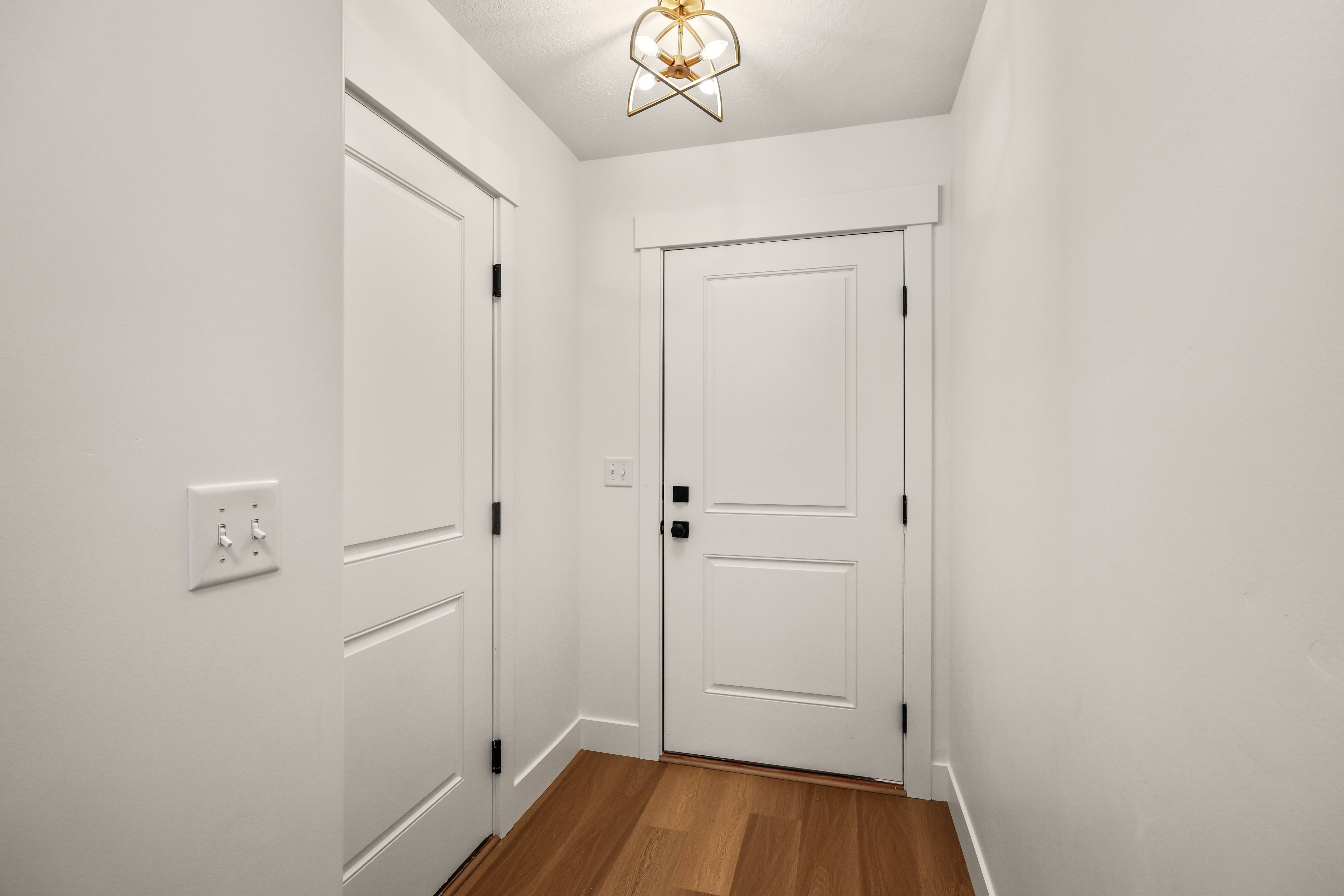 Entryway featuring wood-finish flooring, white paneled doors, and a decorative ceiling light fixture