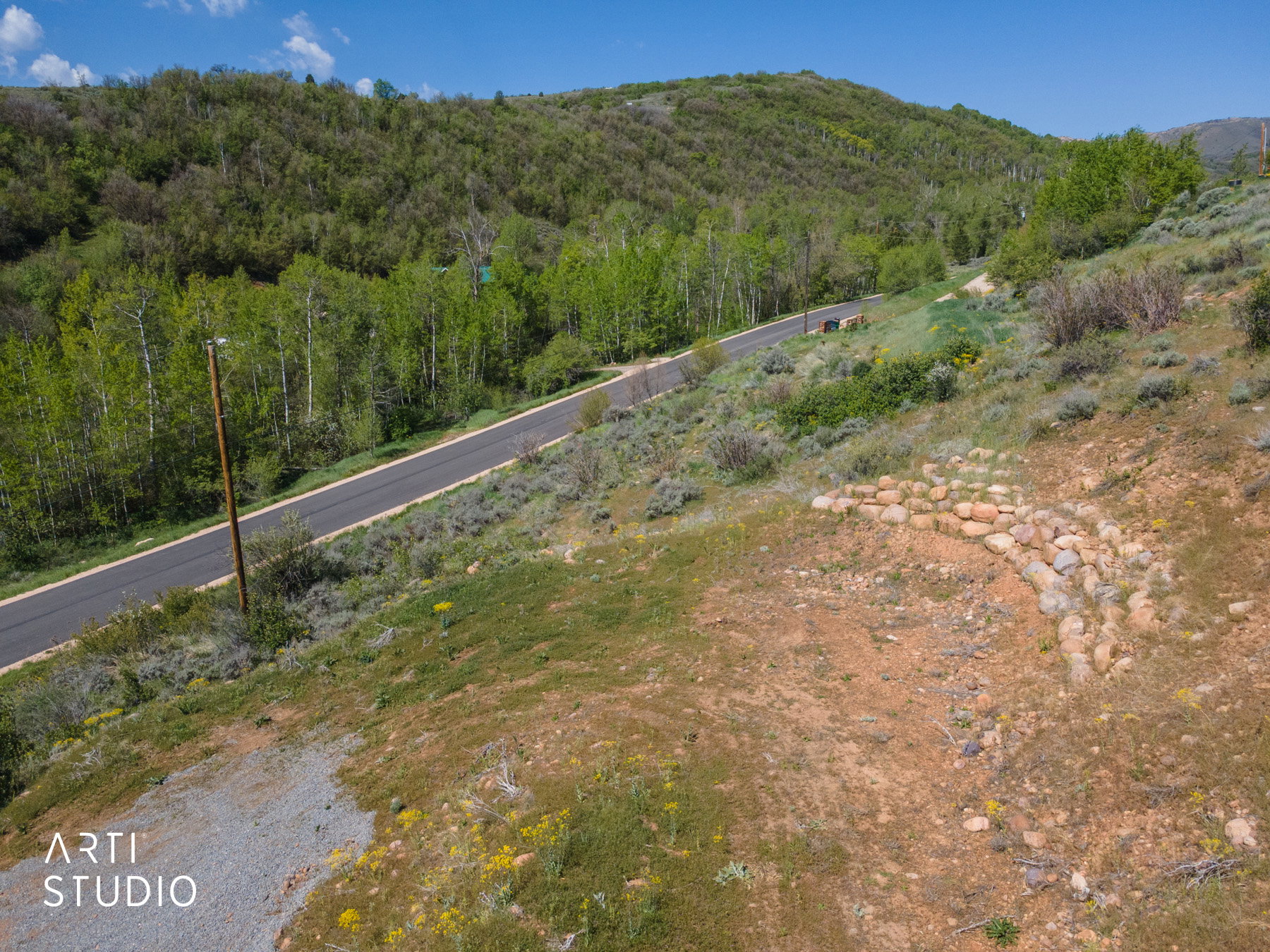Sloping terrain featuring a paved road, natural rock retaining wall, and mature trees
