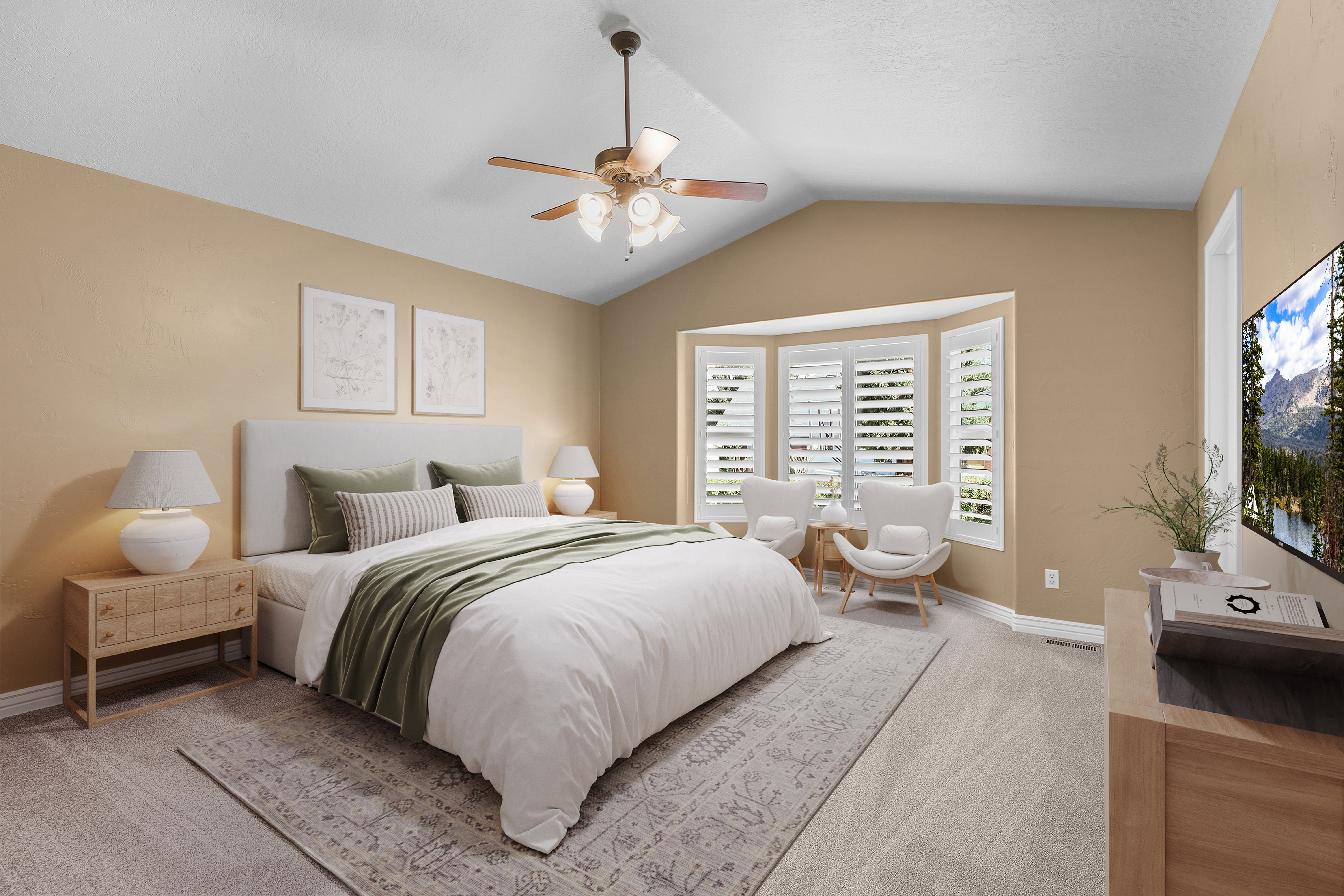 *Virtually Staged* Bedroom featuring vaulted ceilings, bay window with plantation shutters, ceiling fan, and carpet flooring