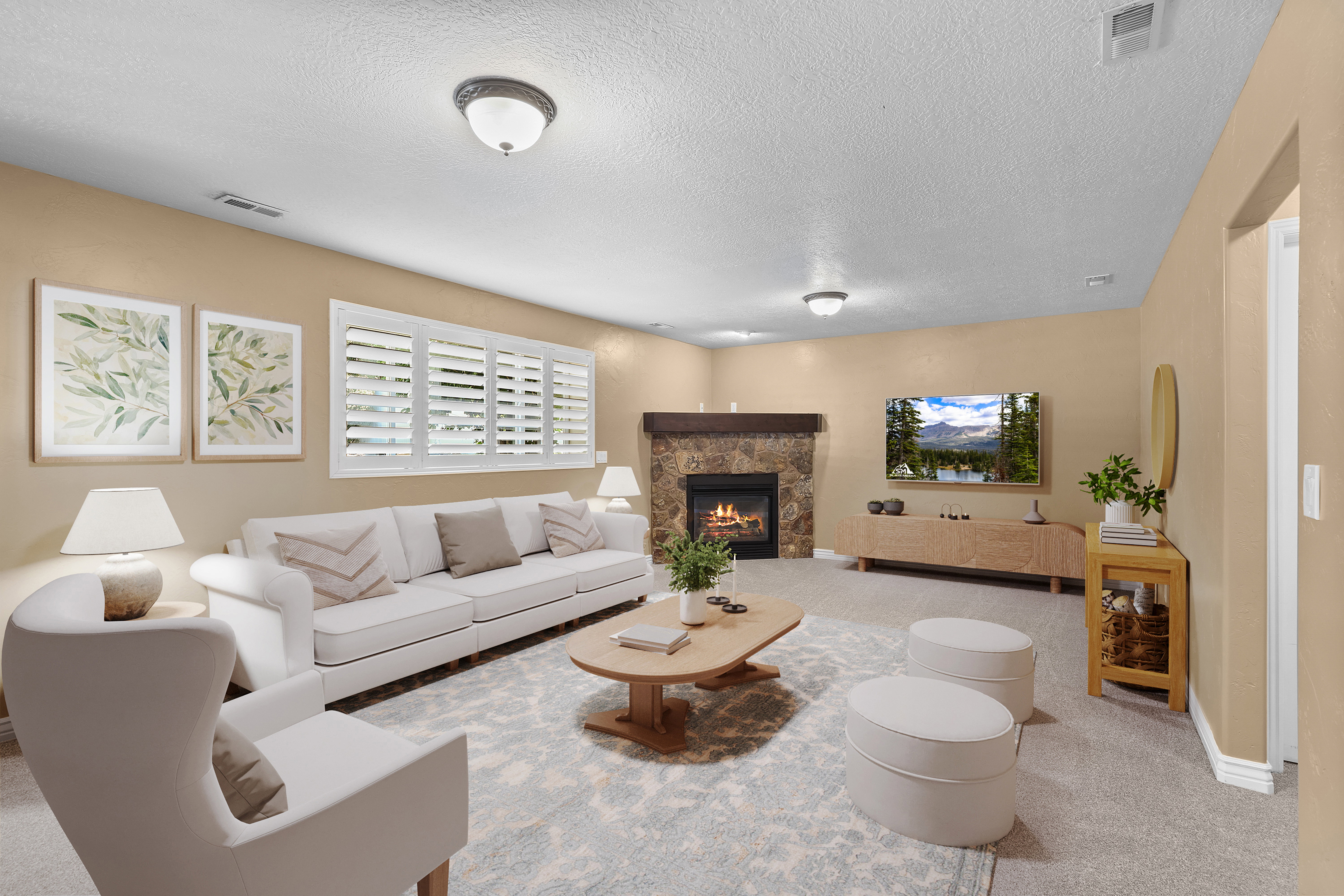 *Virtually Staged* Spacious living area featuring a stone fireplace with a wood mantel, multiple windows with plantation shutters, recessed lighting, and soft carpeting