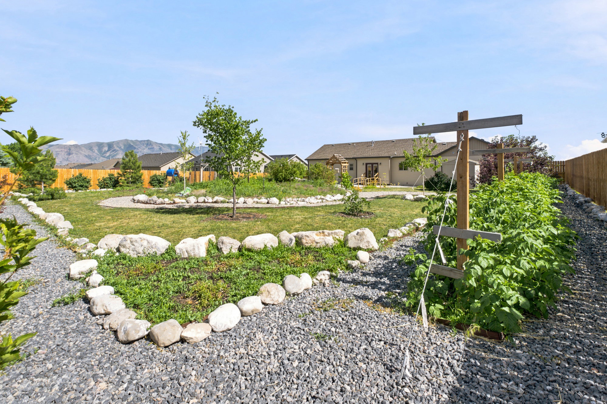 Expansive backyard featuring a lush lawn, gravel pathways, and a dedicated garden area with trellises