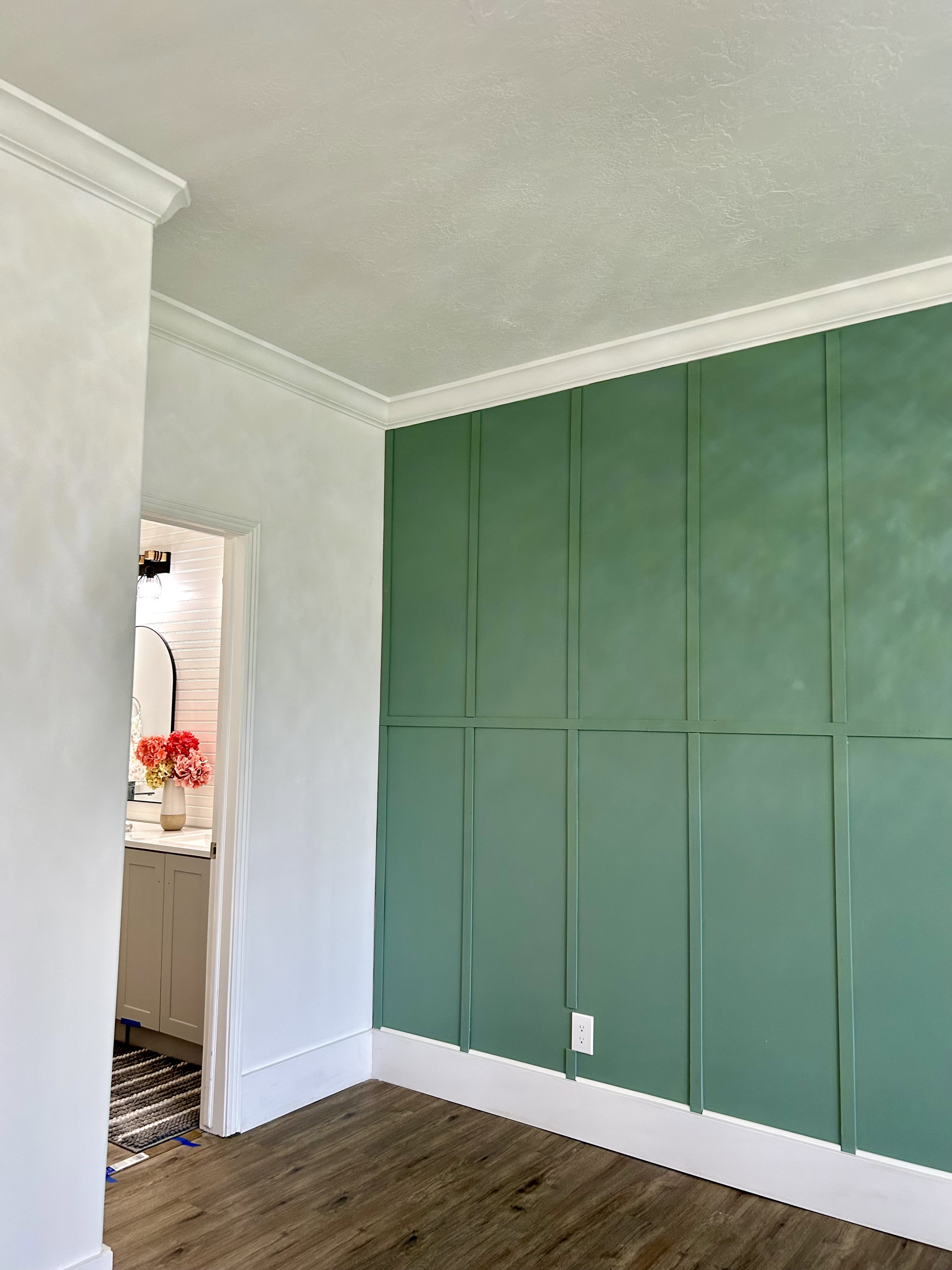 Accent wall featuring panel molding and a rich green finish