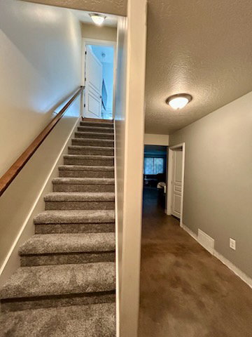 Staircase with grey carpet treads and a wood-finish handrail