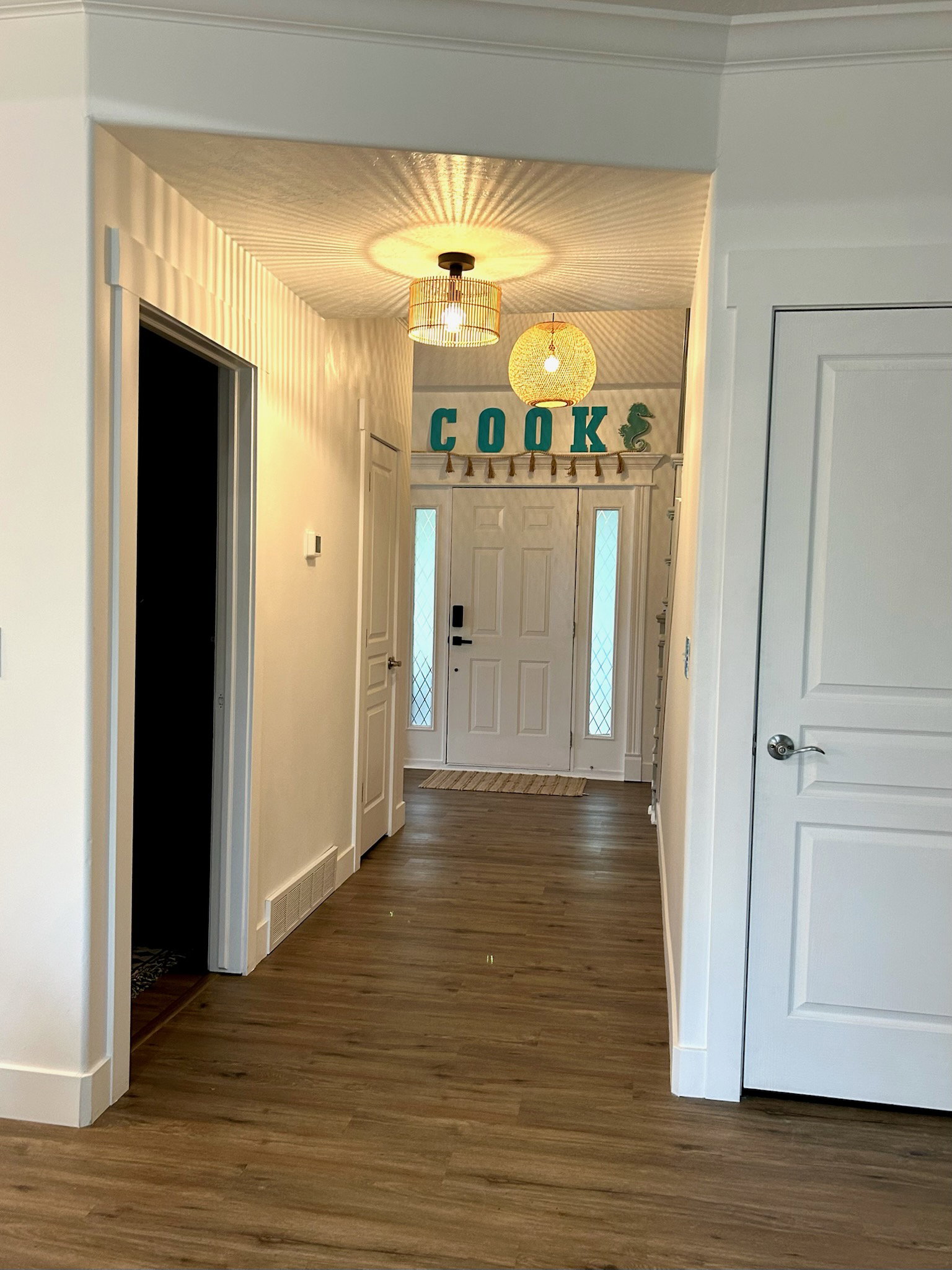 Entryway featuring wood-finish flooring, crisp white trim work, and contemporary ceiling light fixtures