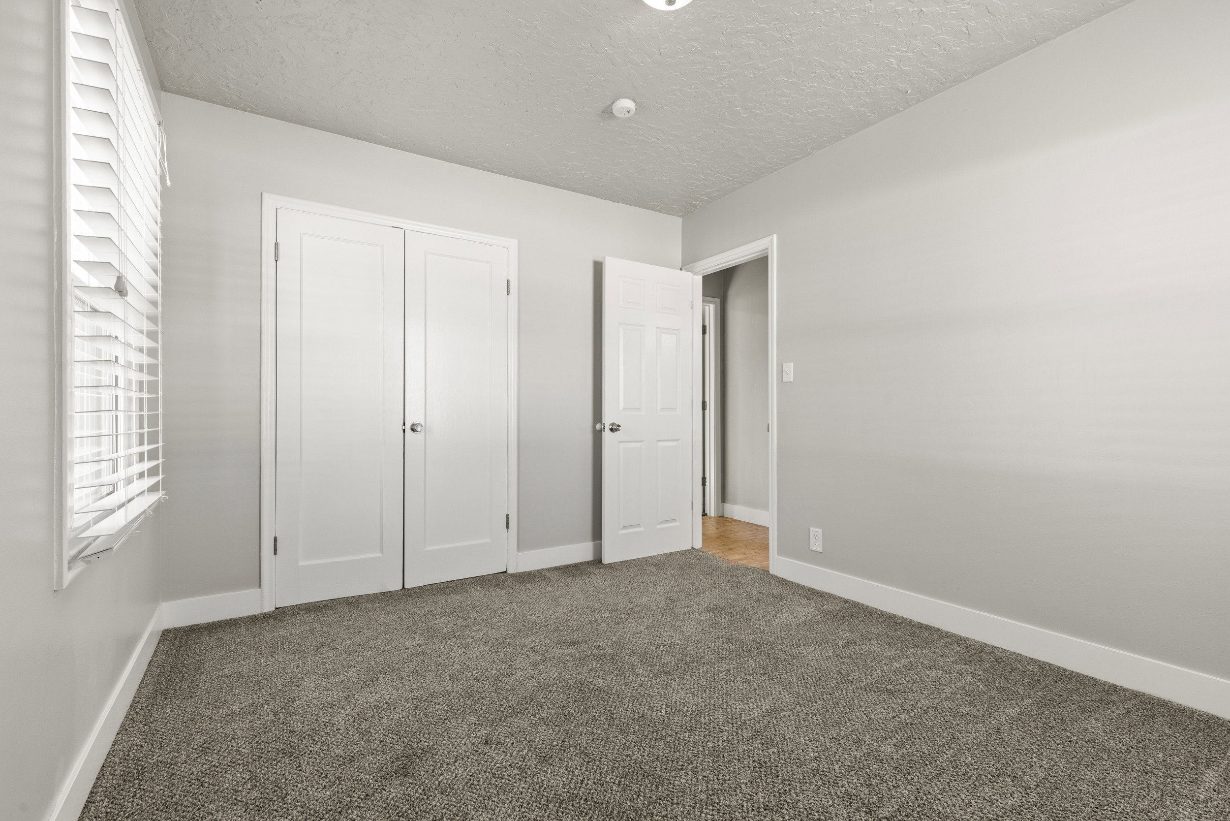 Interior room featuring plush gray carpeting, white baseboards, and light gray wall paint