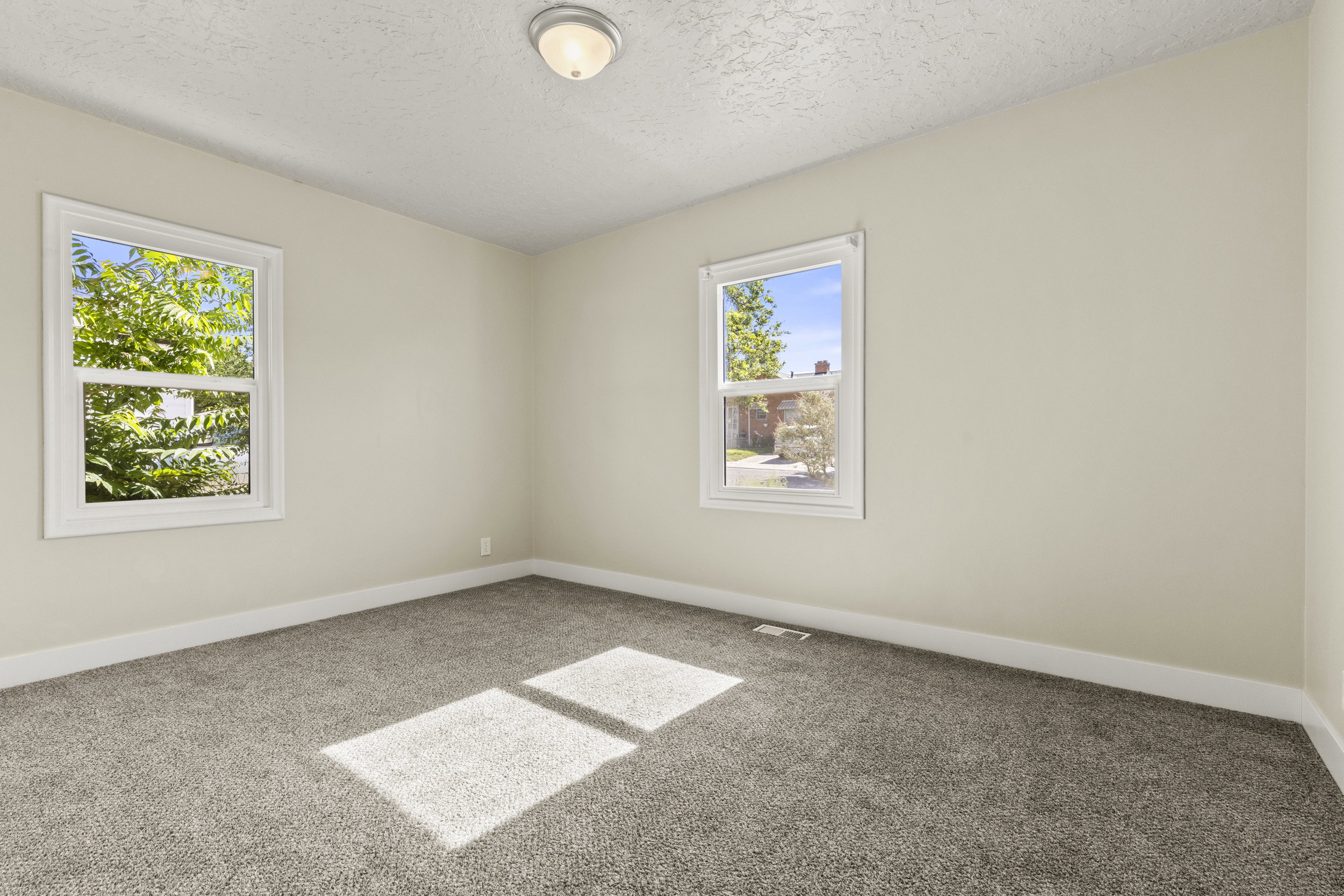 Neutral tone walls with white trim, gray carpet flooring, and two double-hung windows