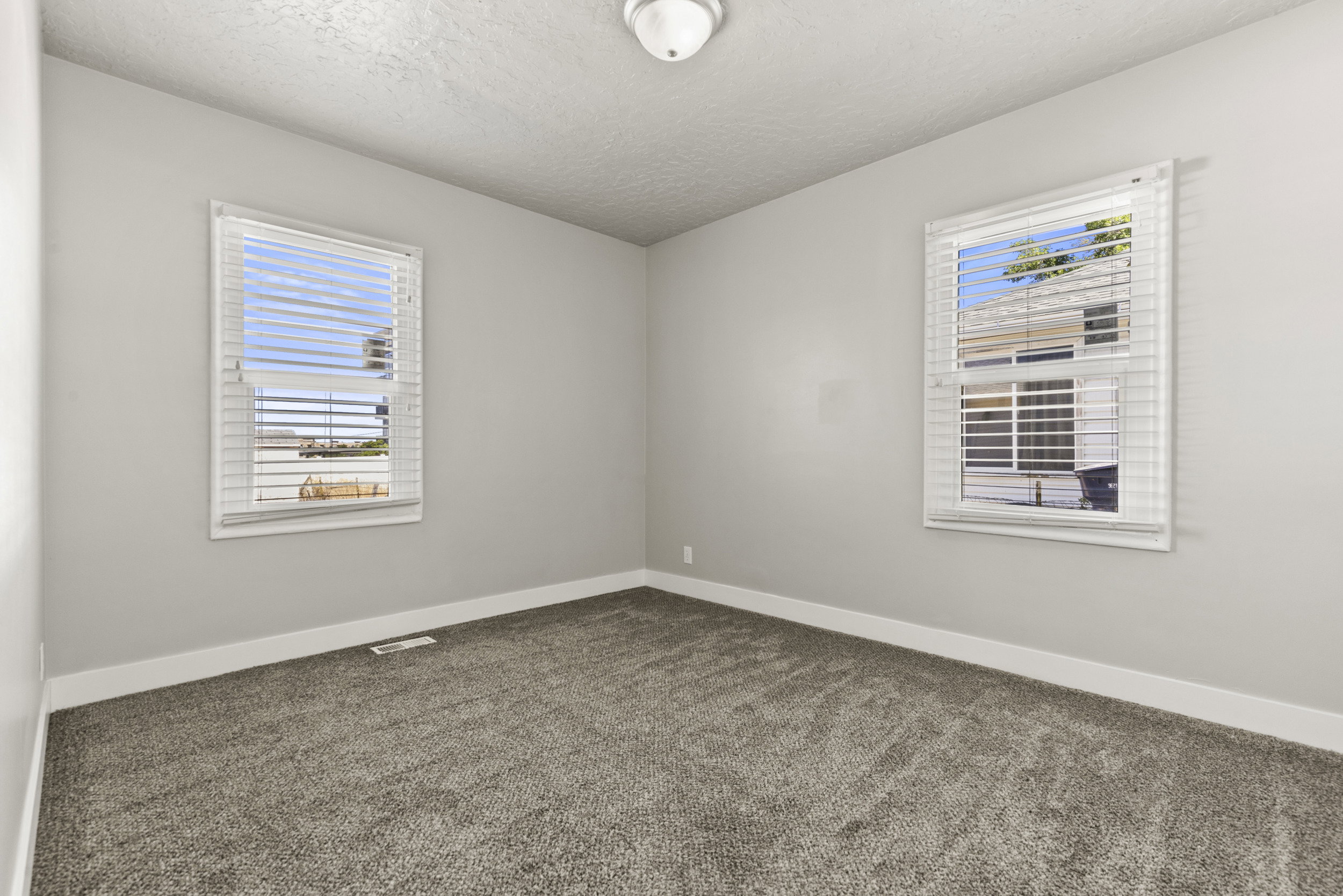 Carpeted room featuring two windows with white blinds, white trim, light gray walls, and a ceiling-mounted light fixture