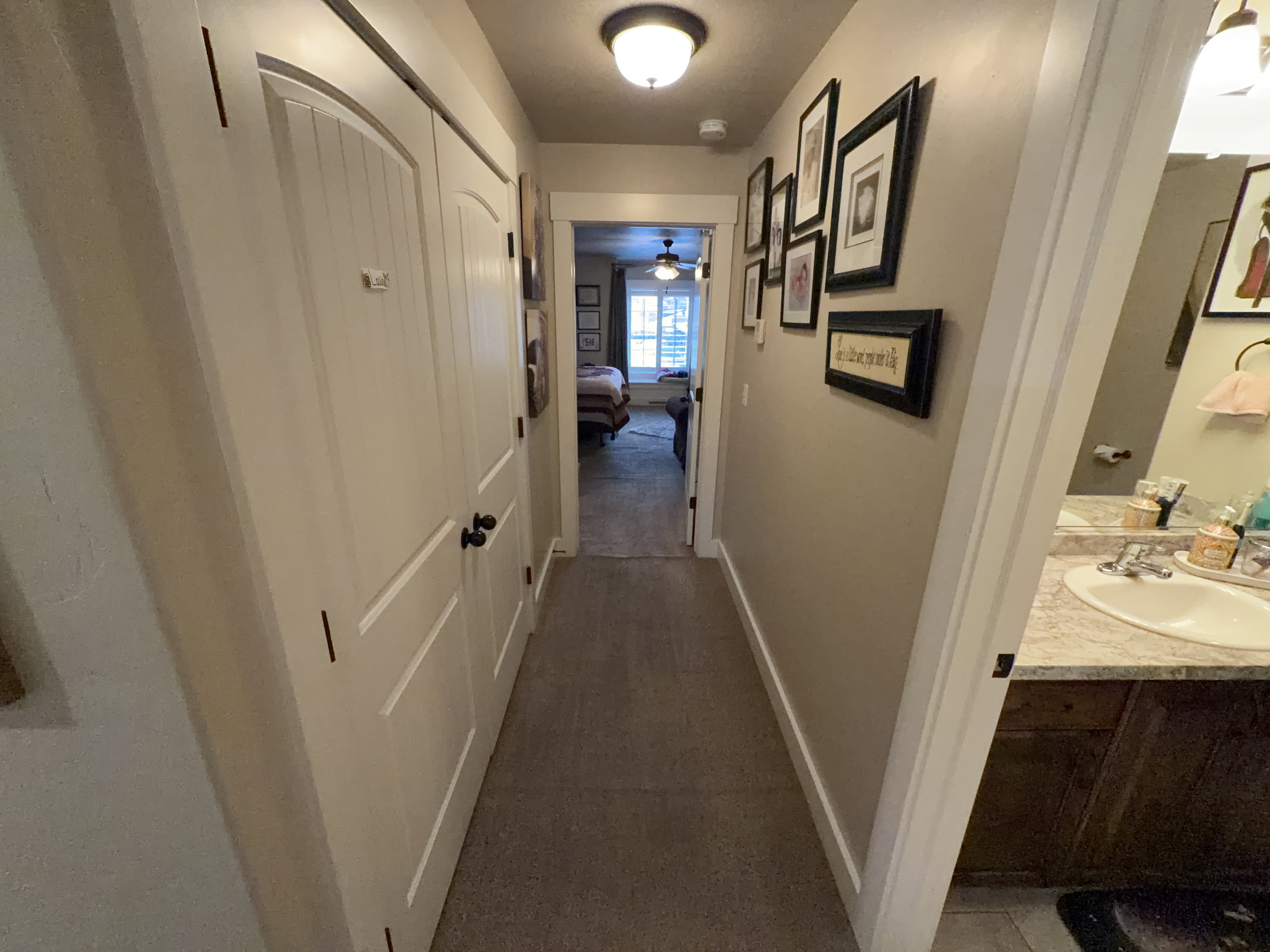 Hallway featuring neutral-toned walls, overhead flush mount lighting, and wood-paneled doors with black hardware