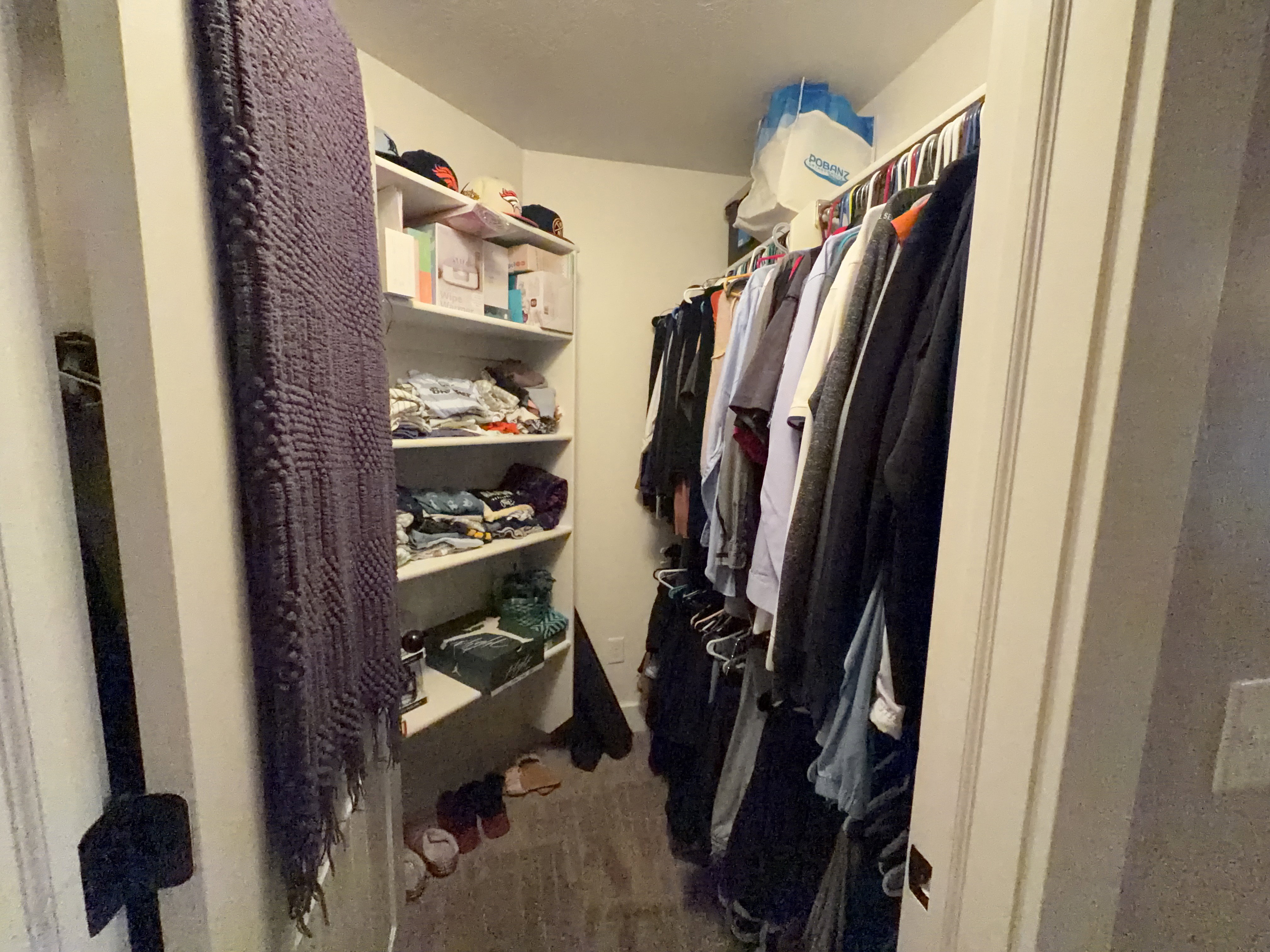 Walk-in closet featuring built-in shelving, clothing rods, and wood-finish flooring