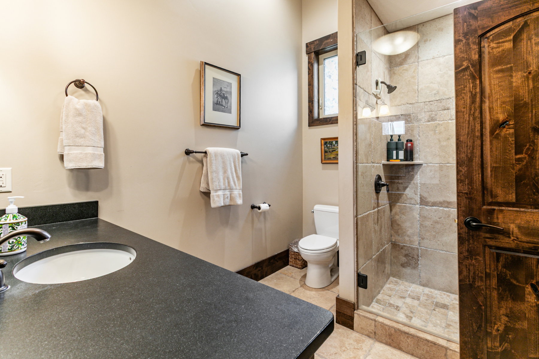 Bathroom featuring a dark countertop vanity with an undermount sink, a tiled walk-in shower with a glass enclosure, a toilet, a wood-framed window, and a dark wood door