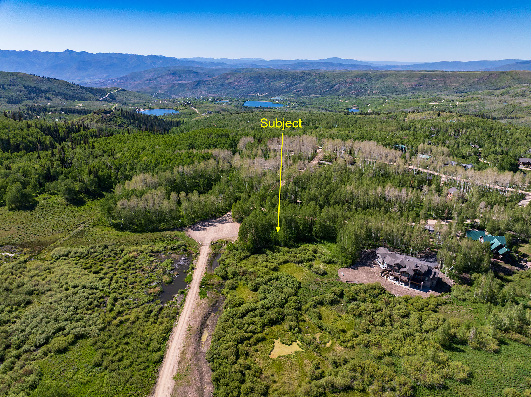 Expansive wooded landscape featuring a dirt road, distant mountains, and multiple bodies of water