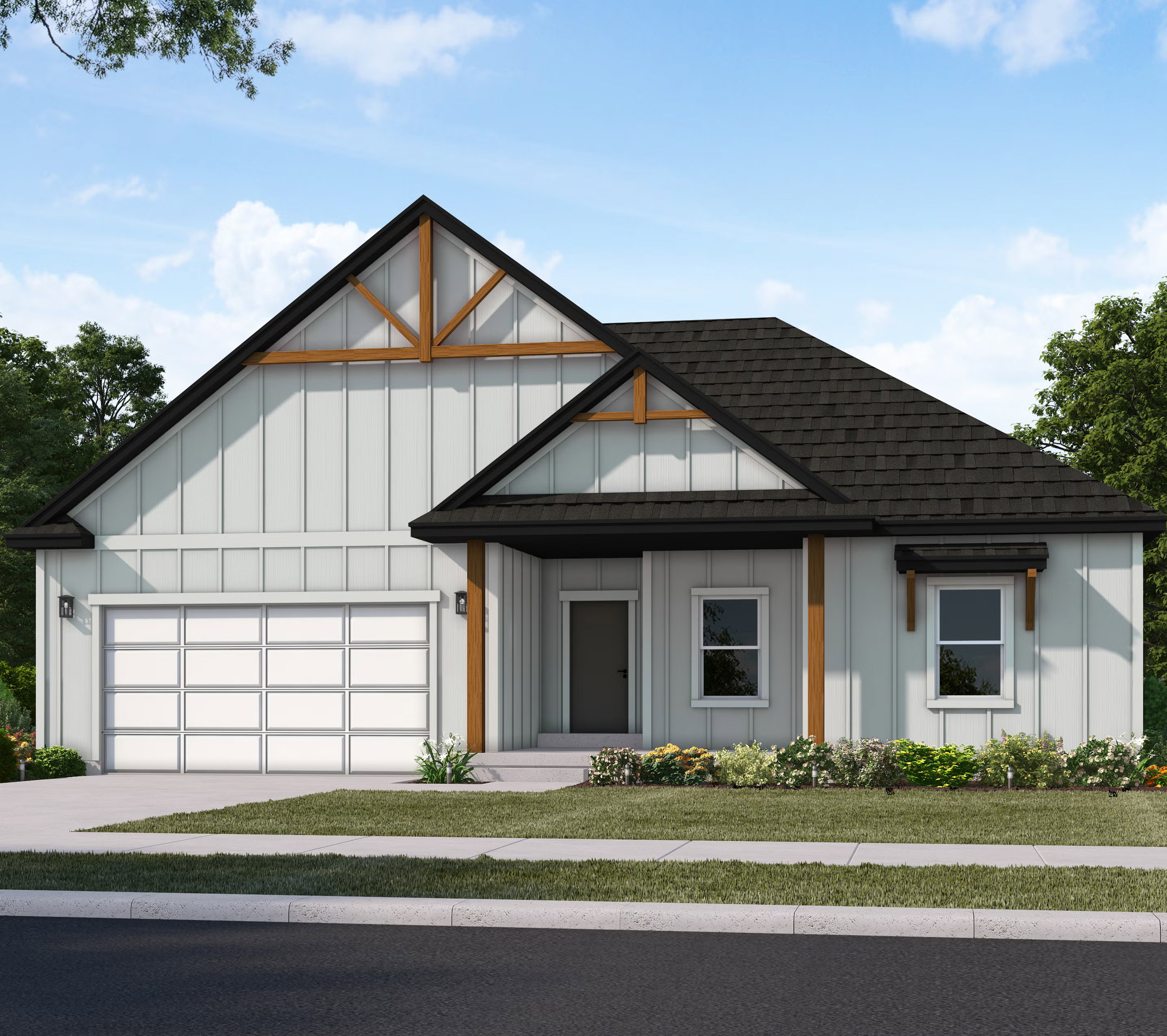 Contemporary exterior featuring board and batten siding with contrasting dark trim
