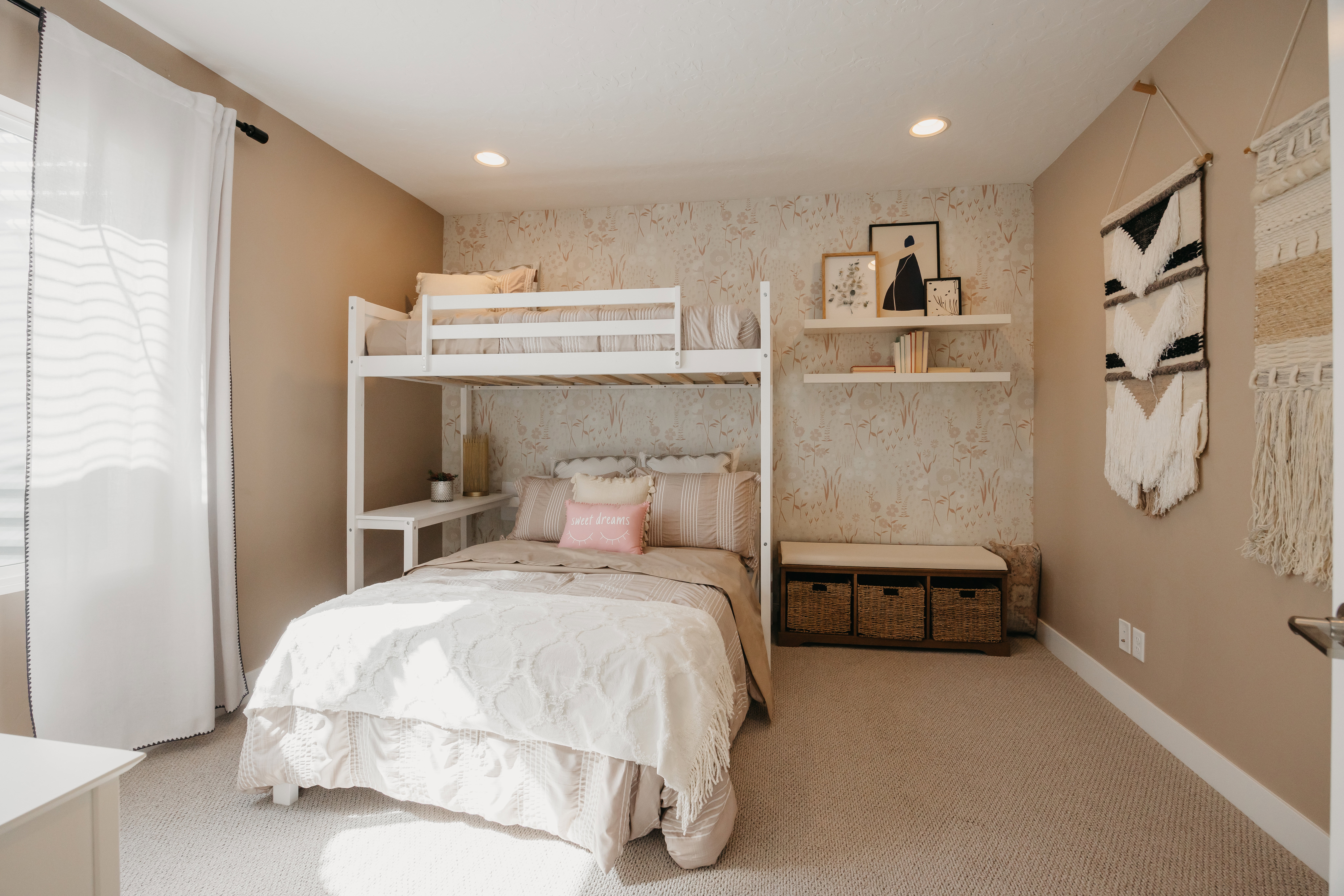 Spacious room featuring bunk beds with an integrated desk, recessed lighting, and wall-to-wall carpeting