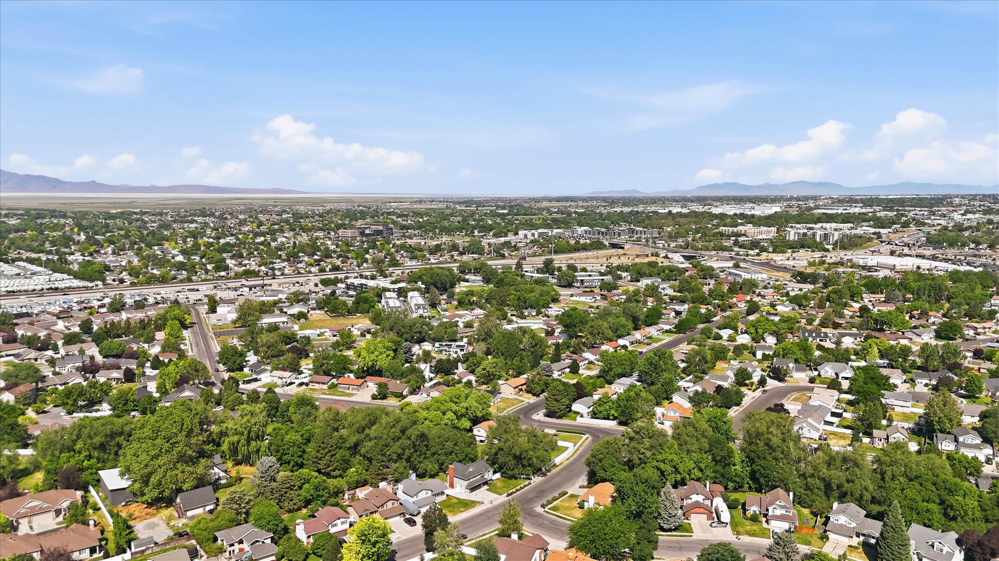 Expansive aerial perspective showcasing a residential area with mature tree cover and varied housing styles