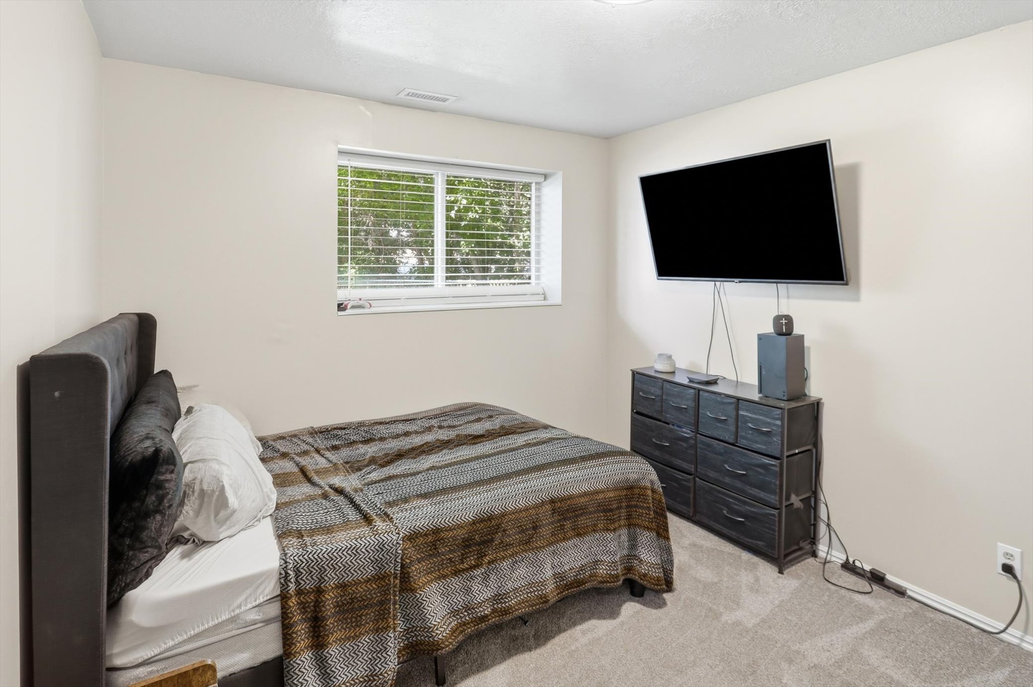 Neutral tone wall paint, window with blinds, carpet flooring, and ceiling-mounted lighting