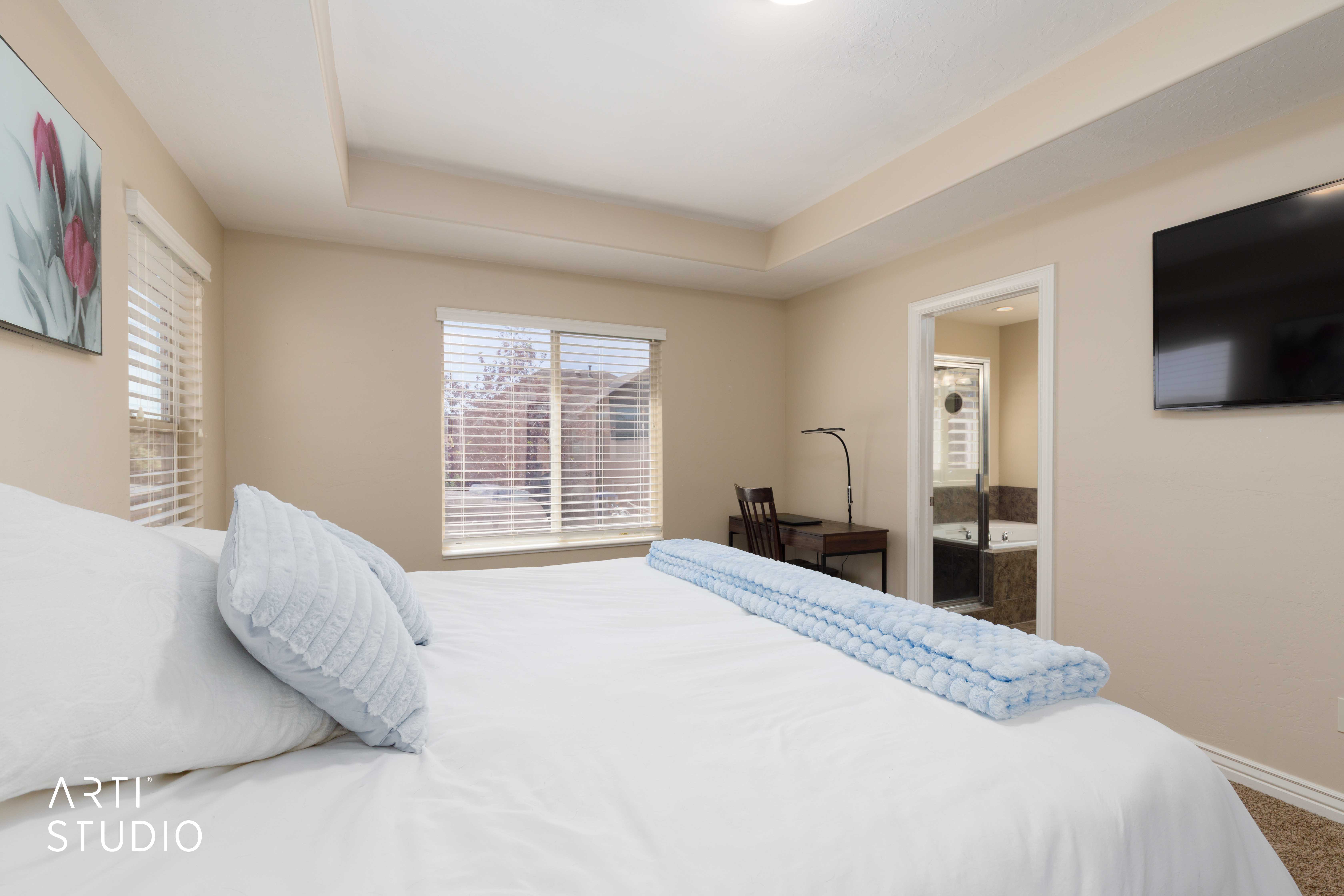 Bedroom featuring tray ceilings and two windows with blinds