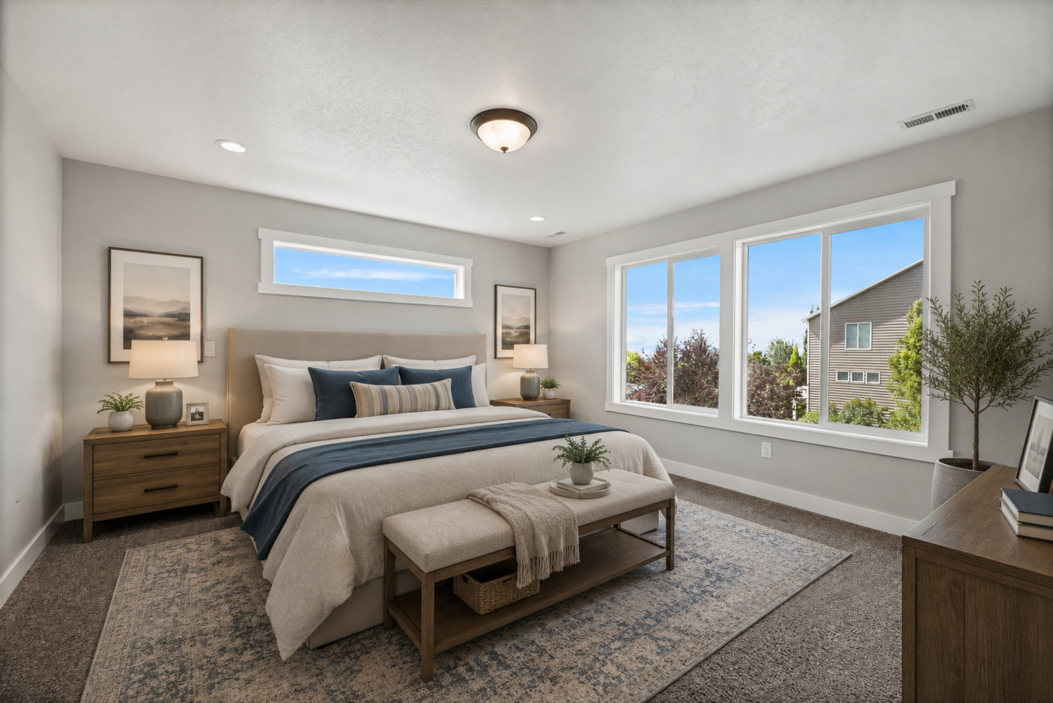 Carpeted sleeping area featuring a textured area rug, recessed lighting, and a neutral color palette