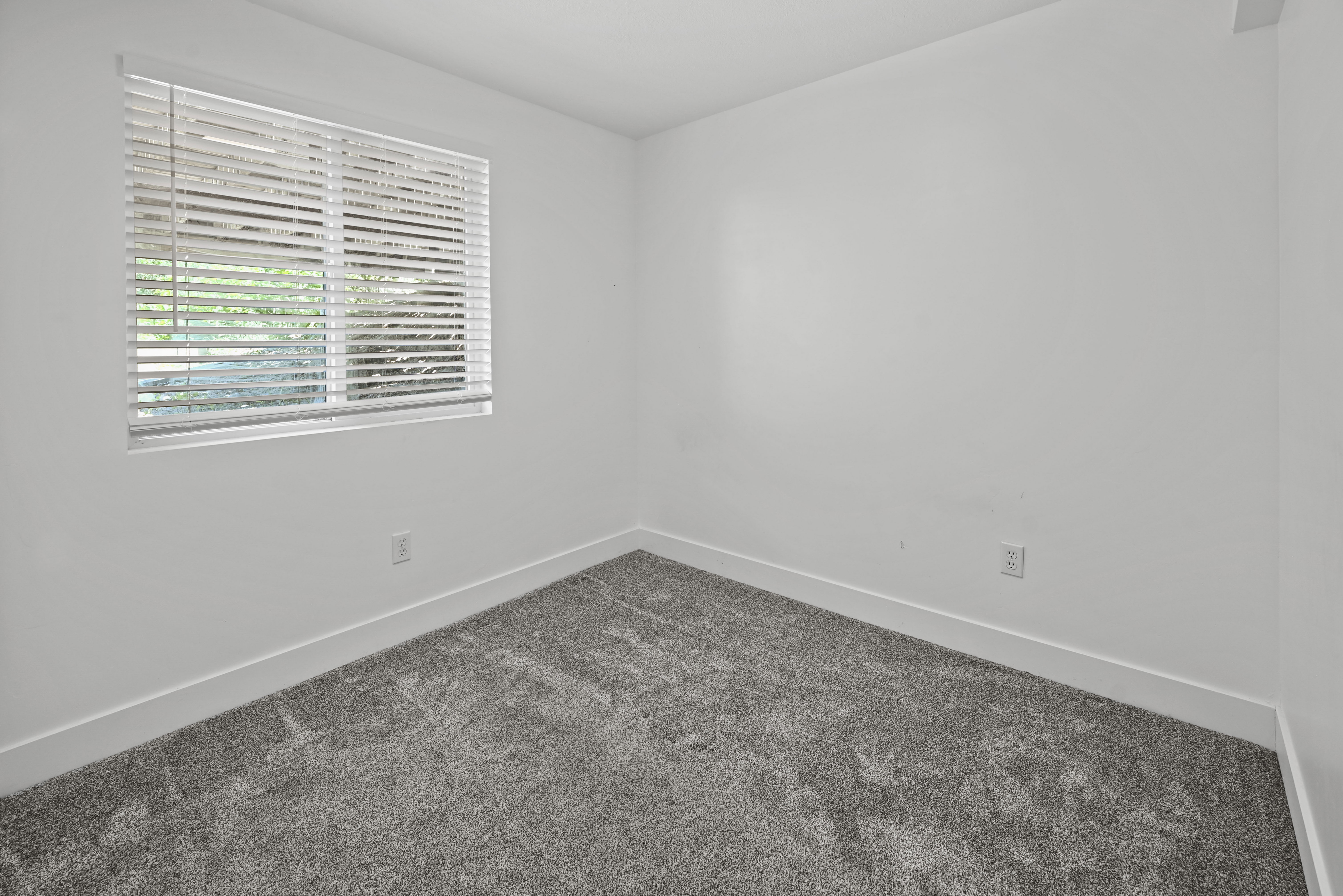 Room featuring neutral tone walls, grey carpet flooring, and a single window with horizontal blinds