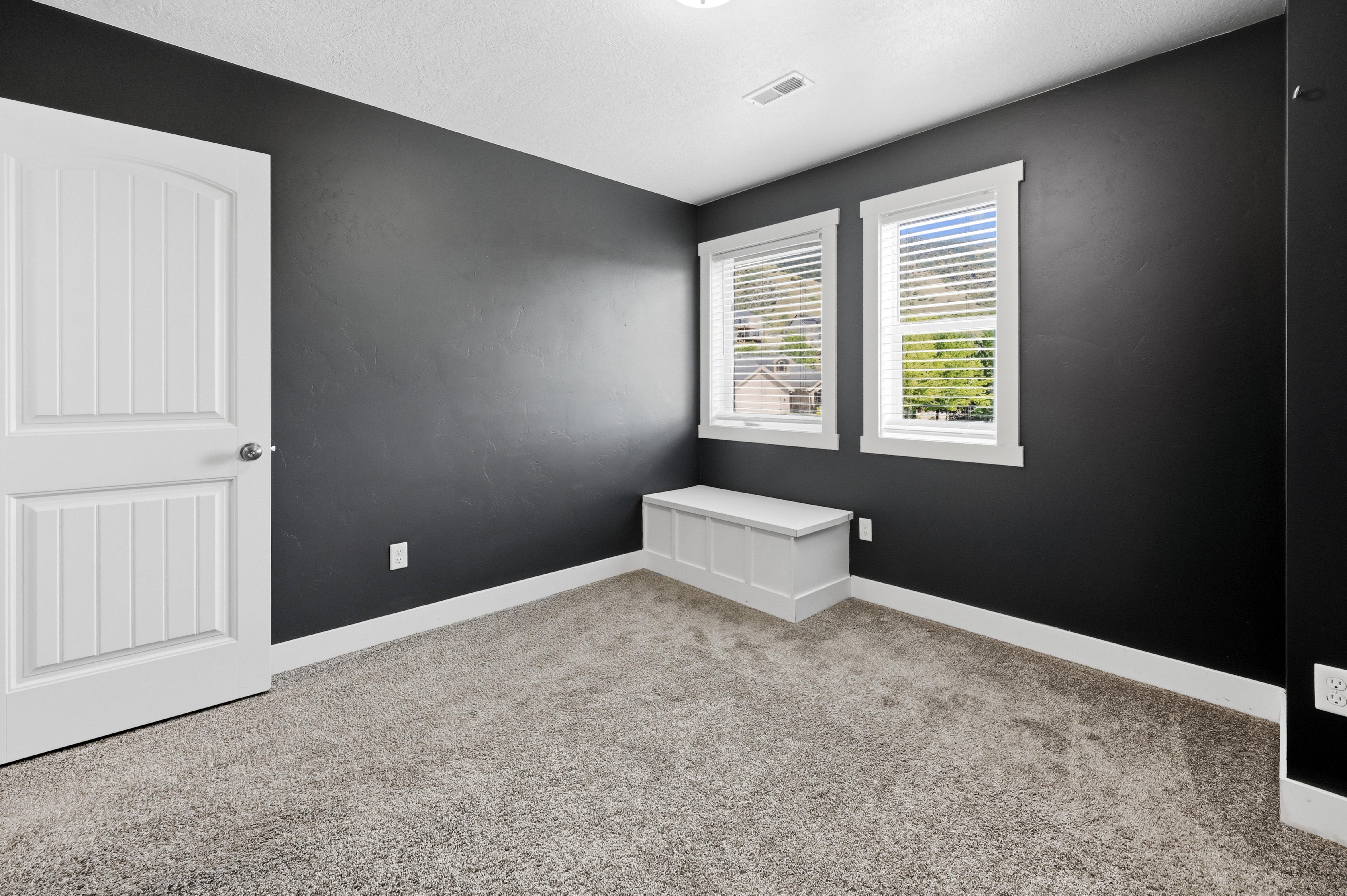 Room featuring dark wall paint and light gray carpet