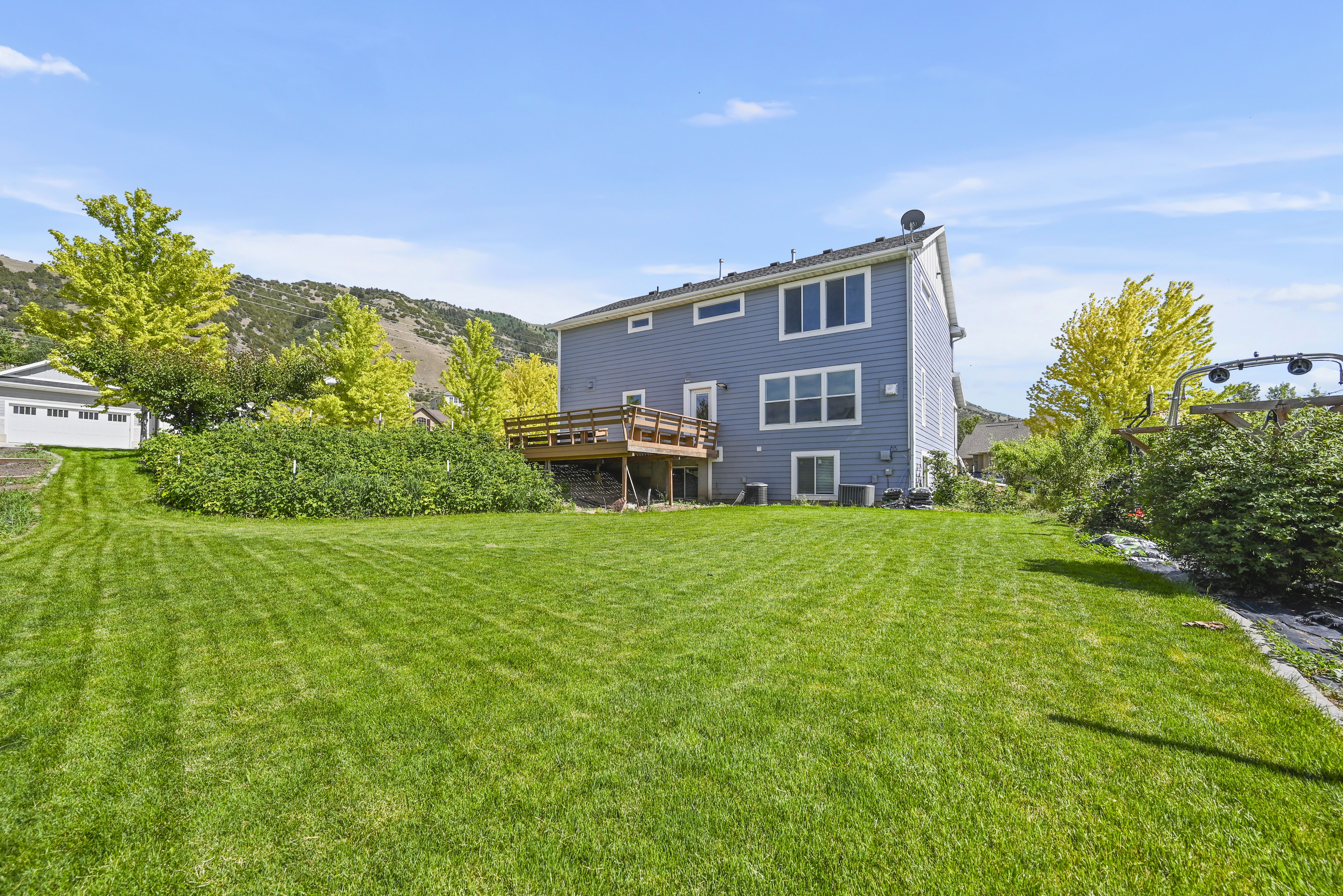 Expansive backyard featuring a manicured lawn, a raised wooden deck, mature trees, and a gray siding exterior