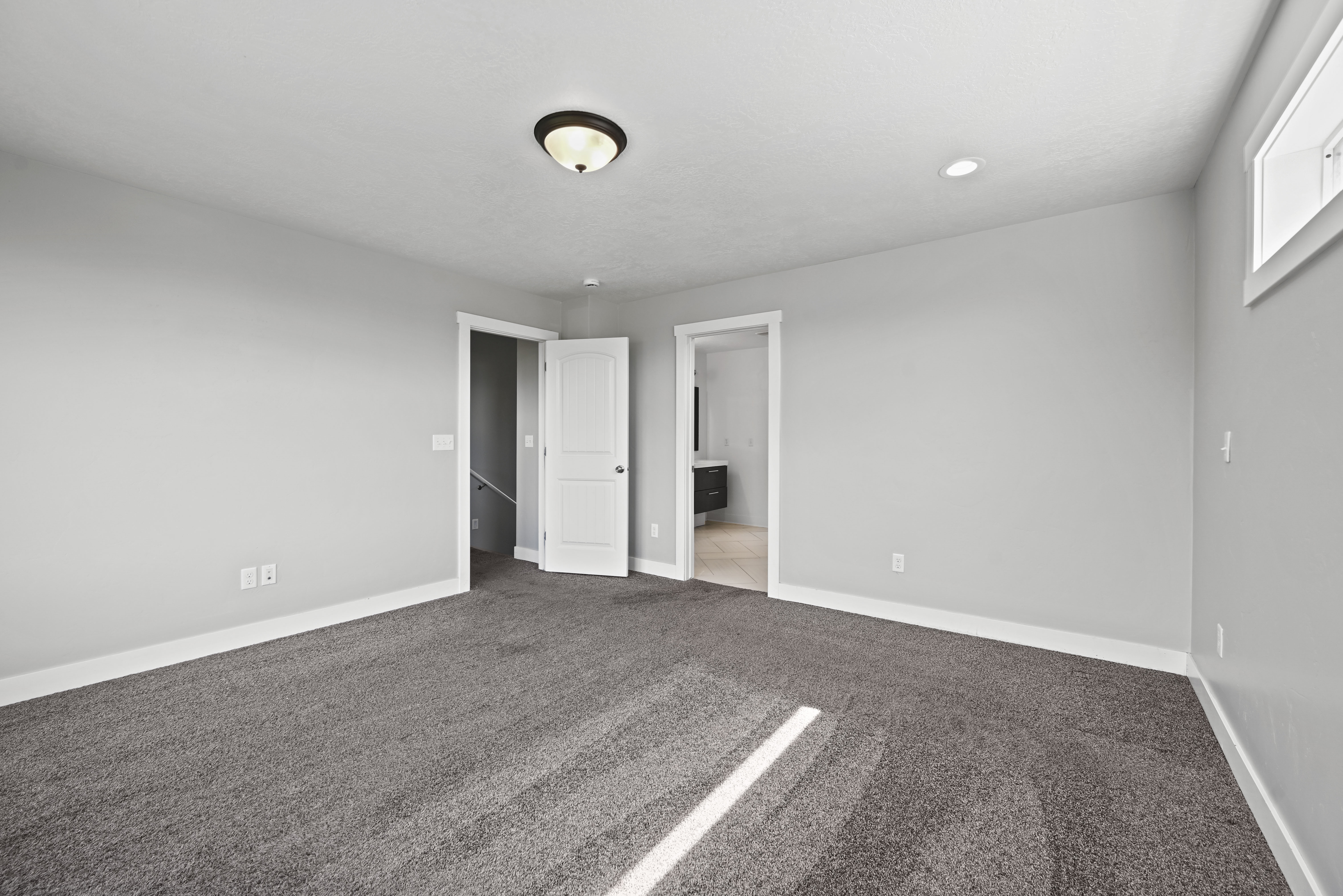 Spacious carpeted room featuring light gray walls, white trim, and a ceiling light fixture
