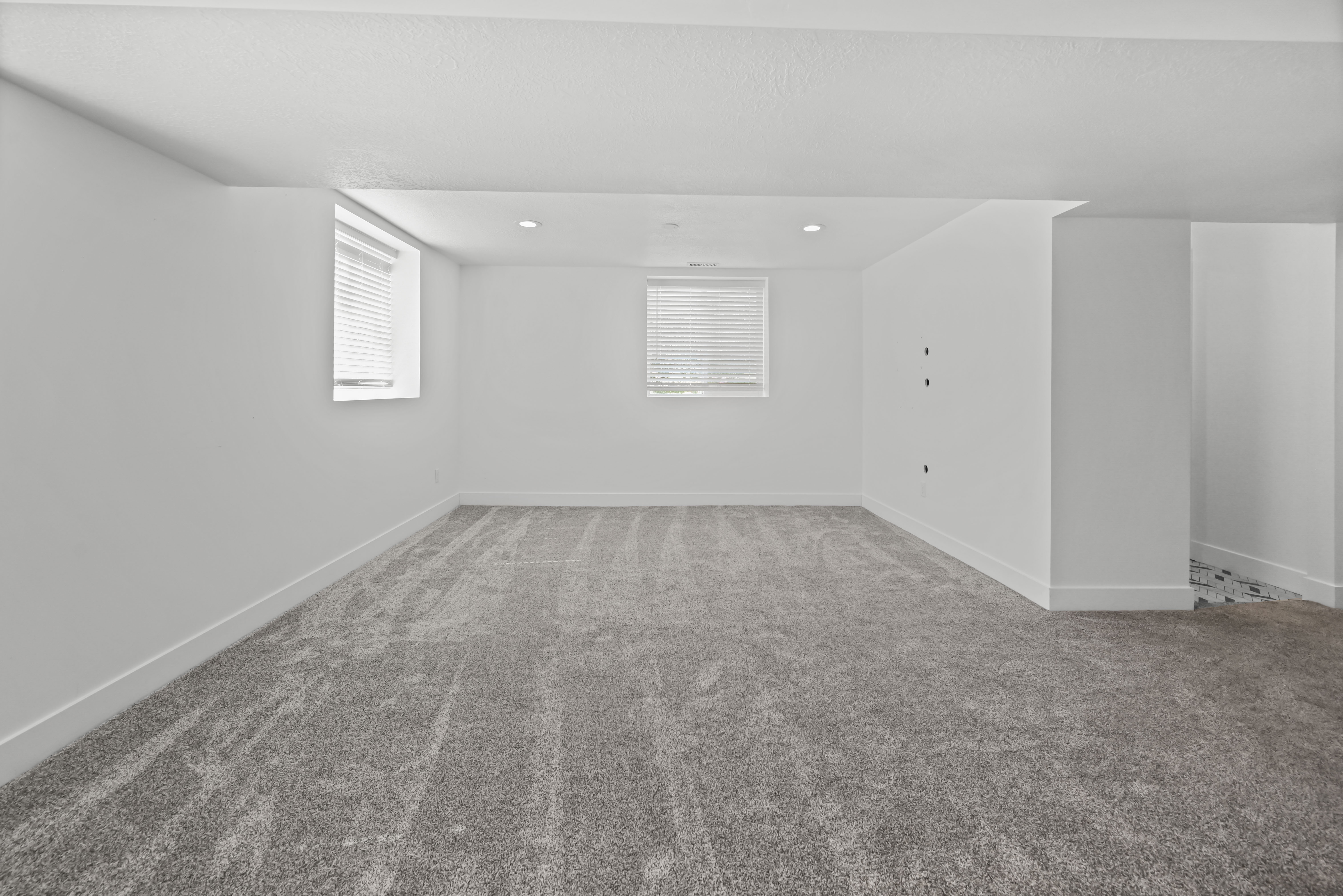 Spacious room featuring neutral carpeting, white walls, and two windows with blinds
