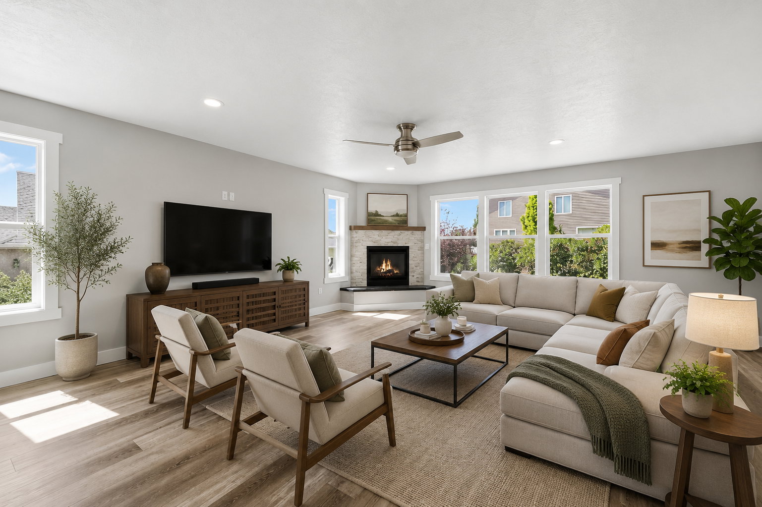 Spacious living area featuring plank wood-finish flooring and a corner stone-faced fireplace with a natural wood mantle