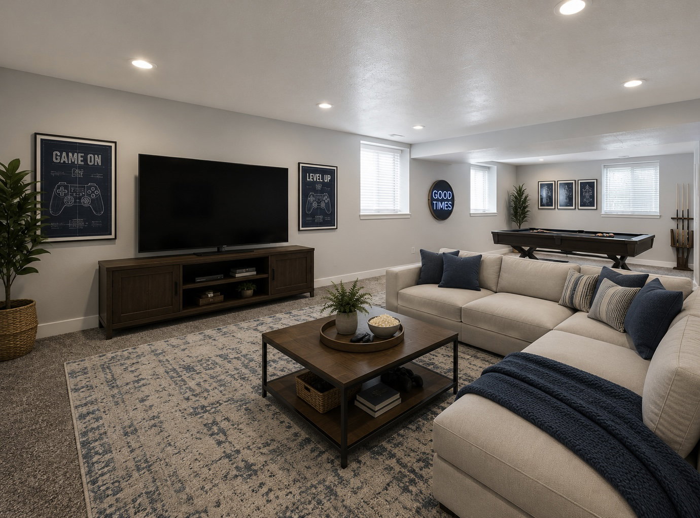 Spacious recreational area featuring recessed lighting, carpeting, multiple windows with blinds, a billiards table, and a media console