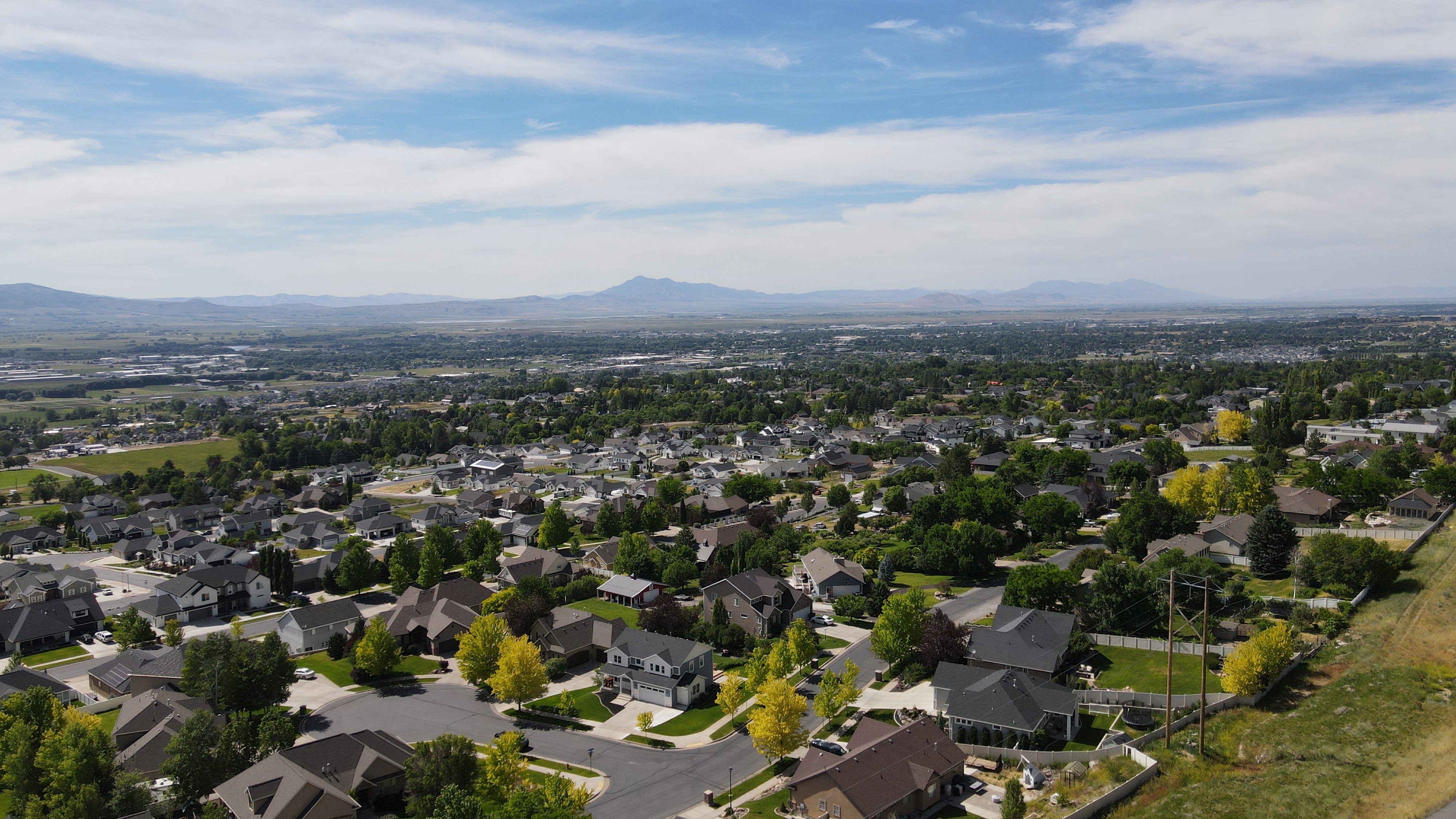 Expansive residential landscape featuring multiple single-family homes, mature trees, and mountainous terrain in the distance