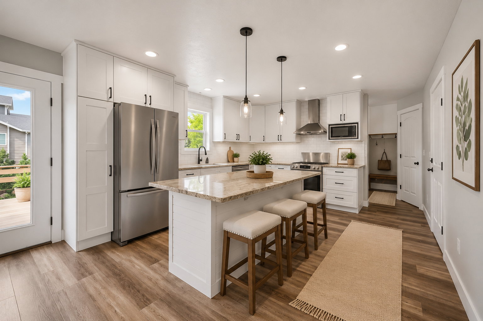 Open-concept kitchen featuring wood-finish flooring, white cabinetry, a central island with a light-toned countertop, stainless steel appliances, and recessed lighting