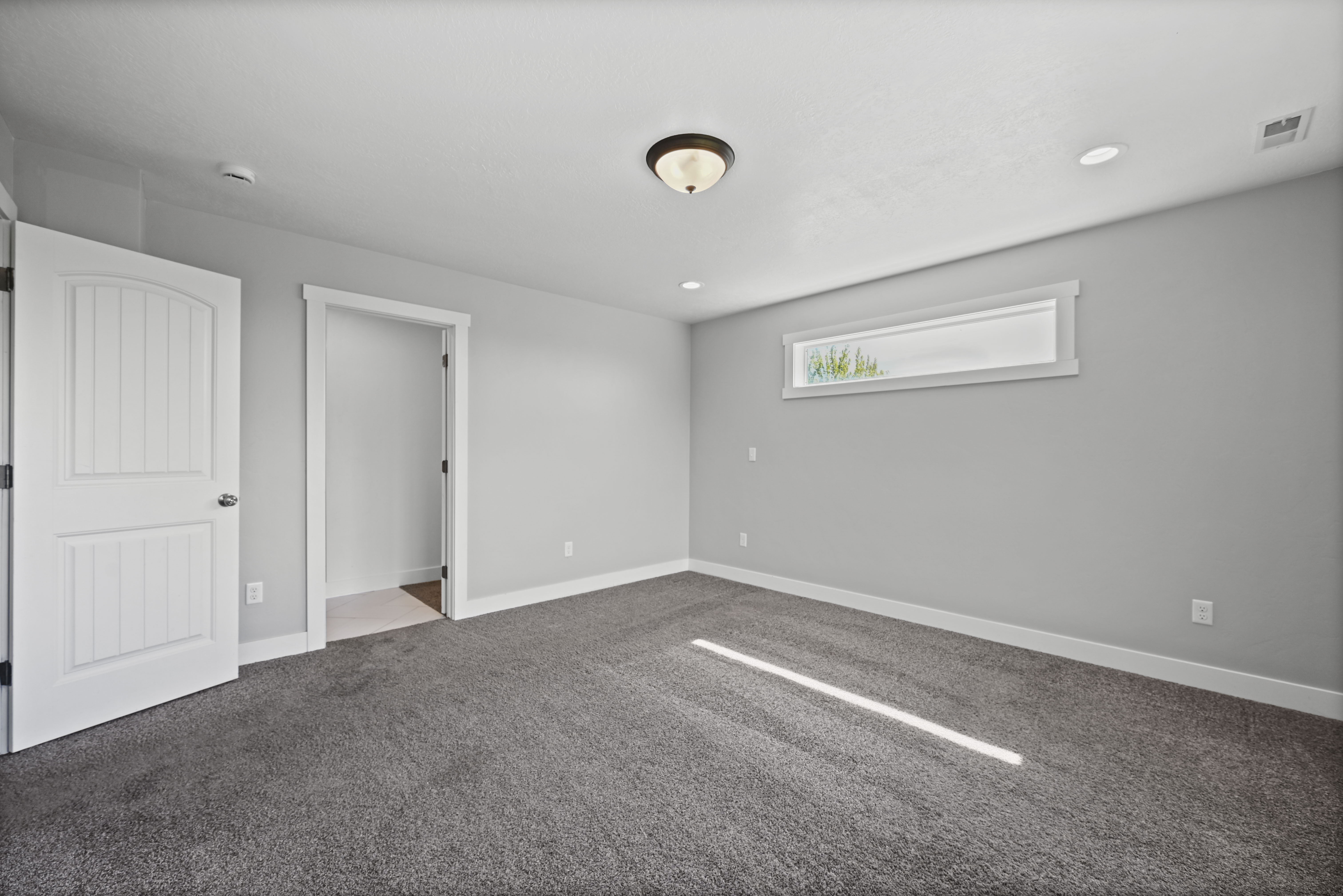 Spacious room featuring neutral gray walls, deep pile carpet, a horizontal transom window, recessed lighting, and a white paneled door