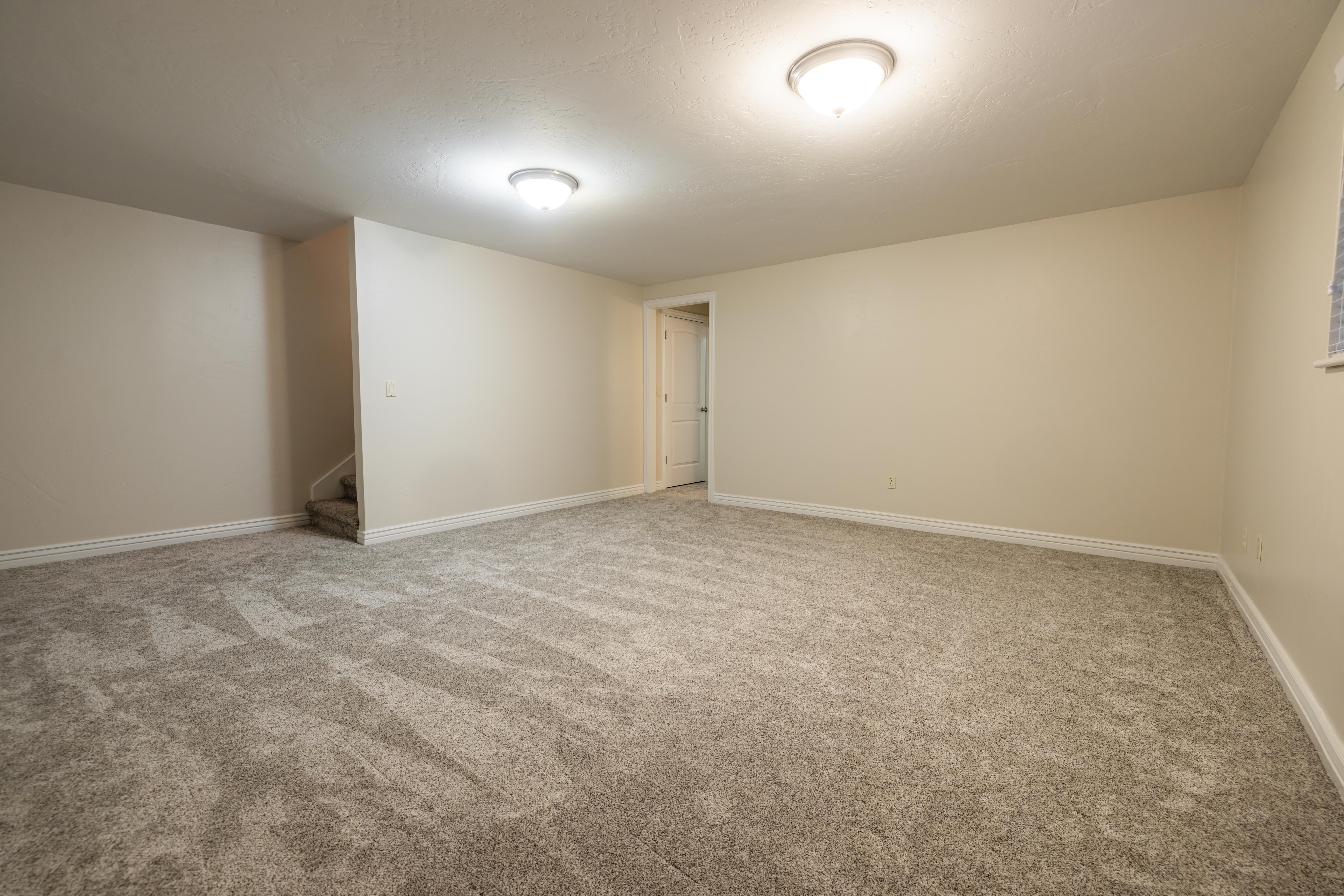 Spacious room featuring neutral carpeting, light-toned walls, and white baseboards