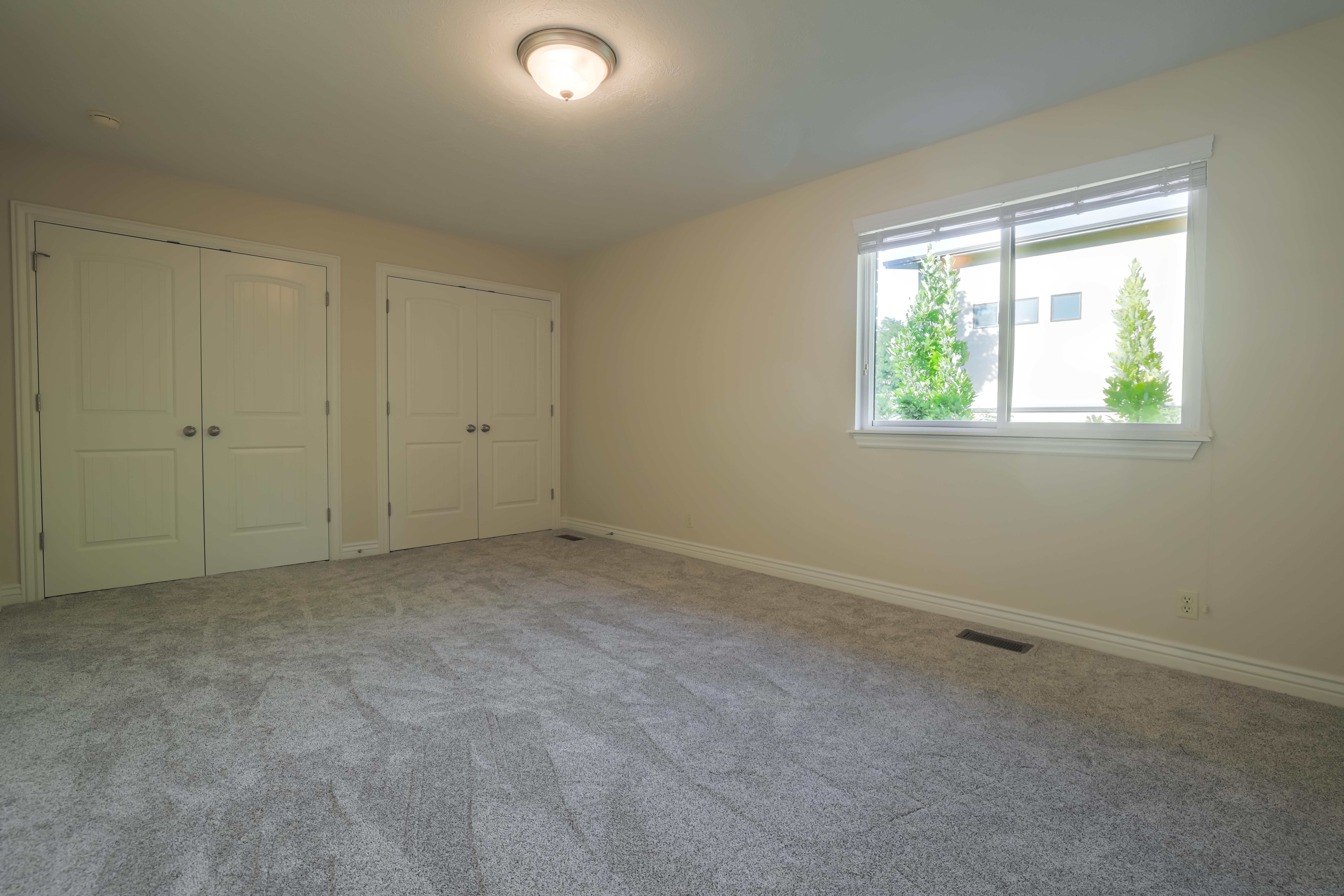 Spacious room featuring light-colored walls, gray carpet flooring, and white trim