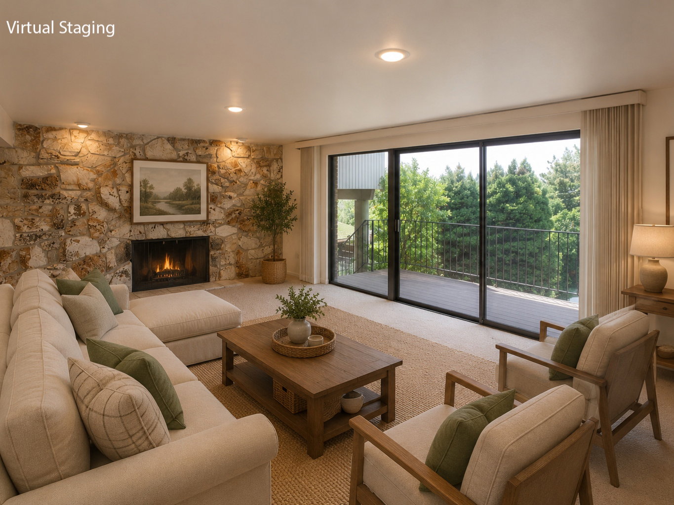 Spacious living area featuring a stone accent wall with a built-in fireplace, recessed lighting, and large sliding glass doors opening to a private balcony