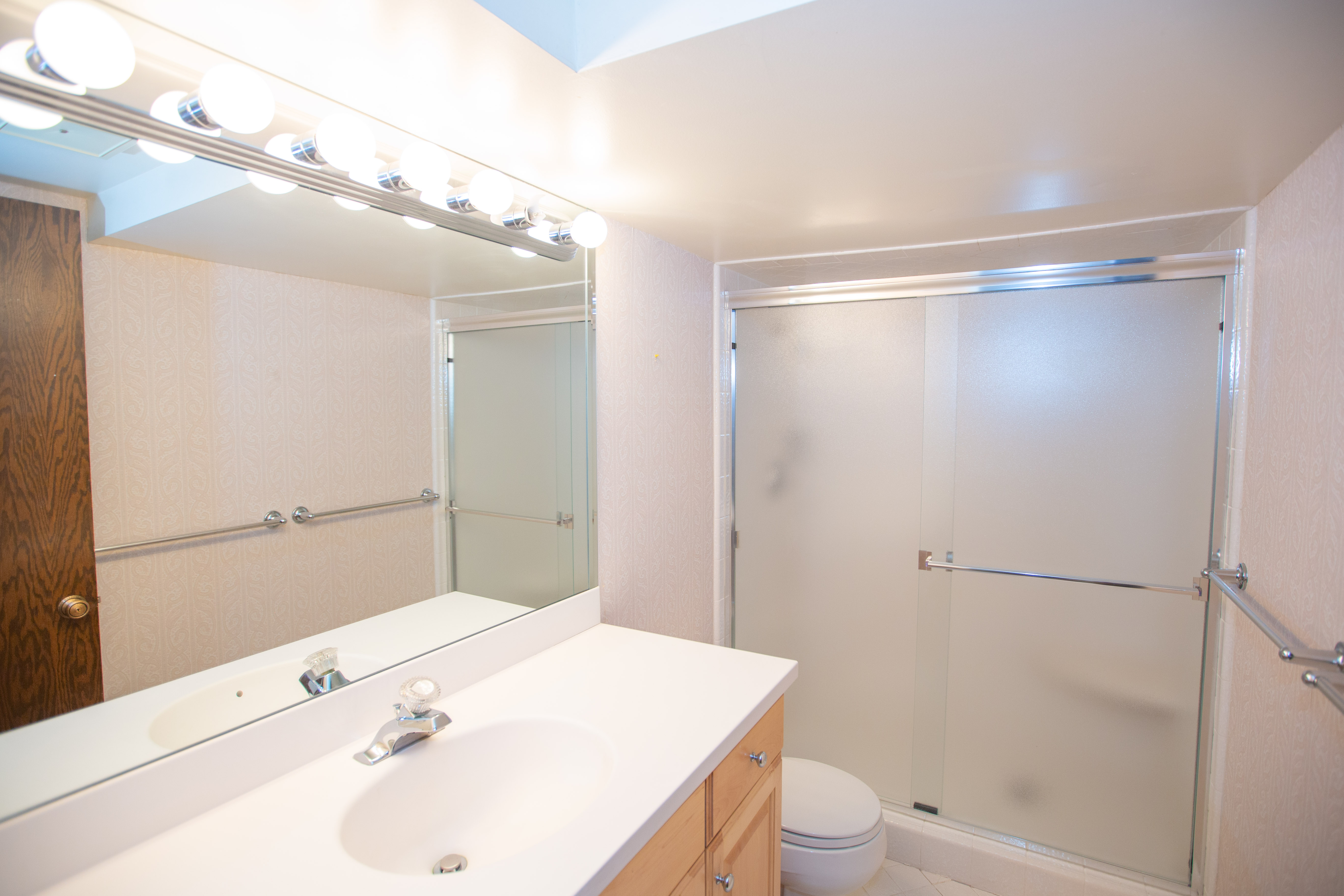 Full bathroom featuring a white integrated sink and countertop, a wood-finish vanity with cabinet storage, a large mirror, a chrome vanity light fixture, and a frosted glass shower enclosure