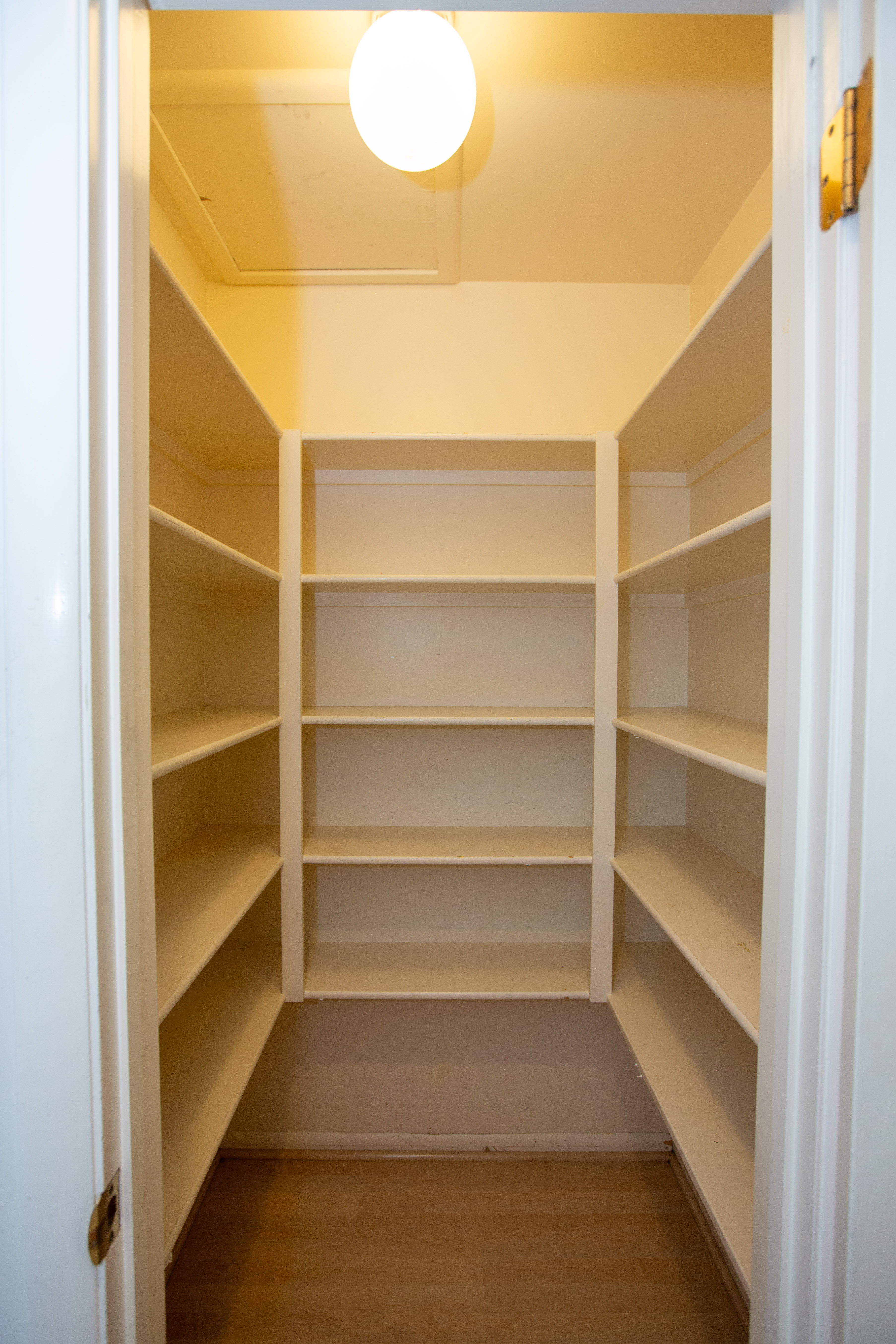 Walk-in pantry featuring built-in shelving, light wood-finish flooring, and a ceiling-mounted light fixture