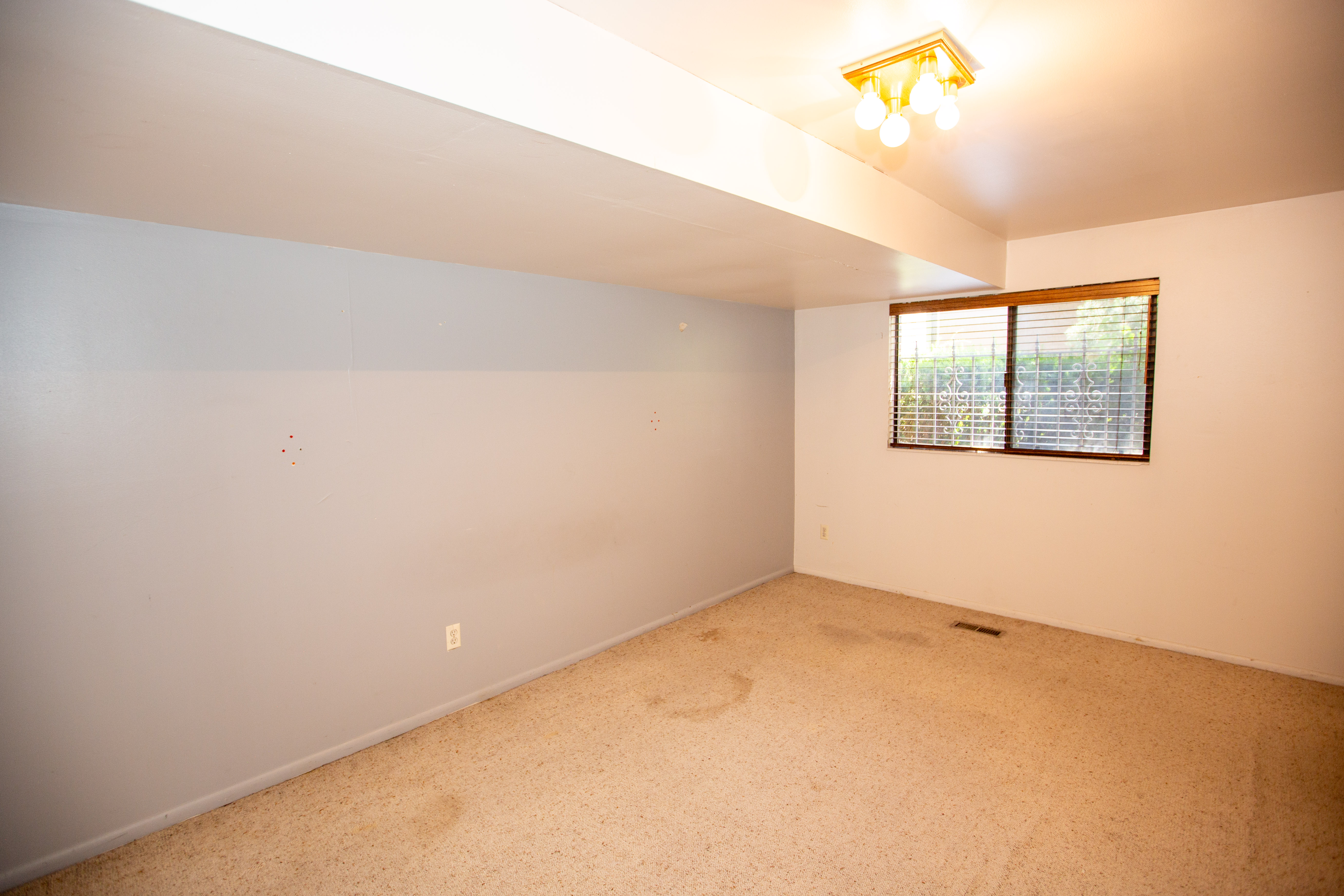 Carpeted room featuring a window with horizontal blinds, a ceiling-mounted light fixture, and a light-colored wall paint