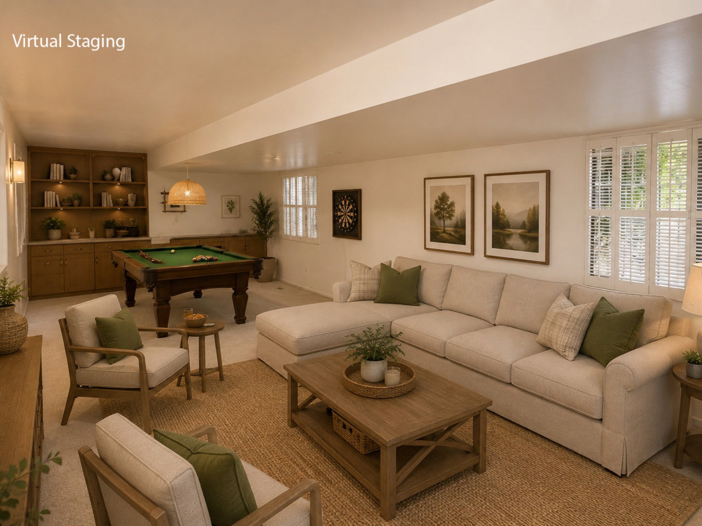 Open-concept recreation area featuring wood-finish flooring, built-in cabinetry with integrated shelving and lighting, and multiple windows with plantation shutters