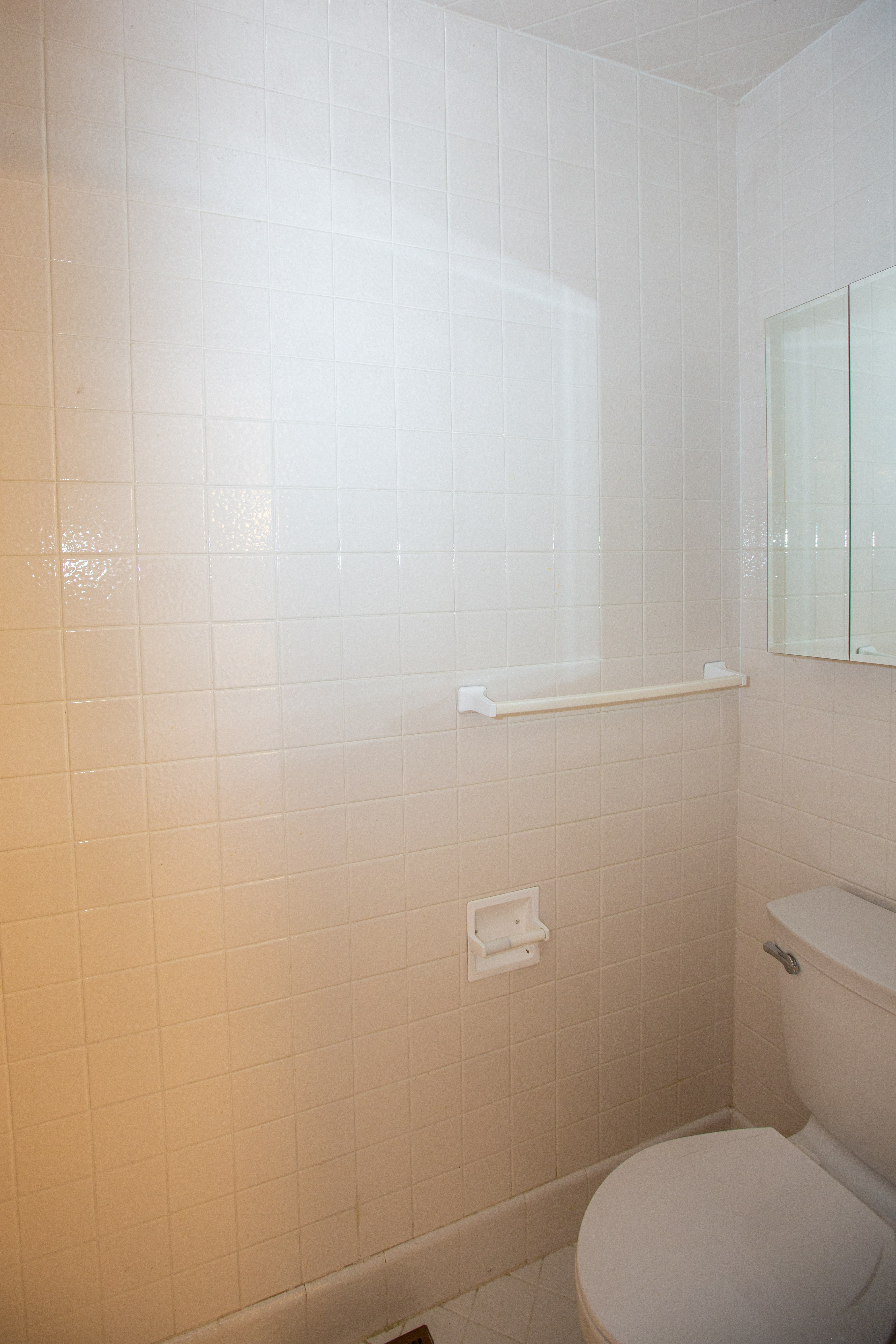Master bathroom featuring white square wall tiles and a white toilet