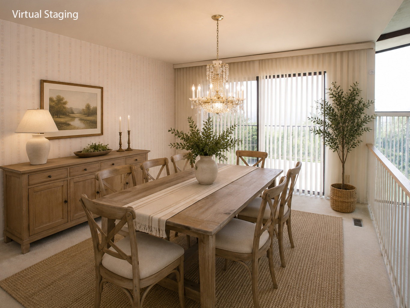Dining area featuring a crystal chandelier, vertical blinds, and a light wood-finish sideboard