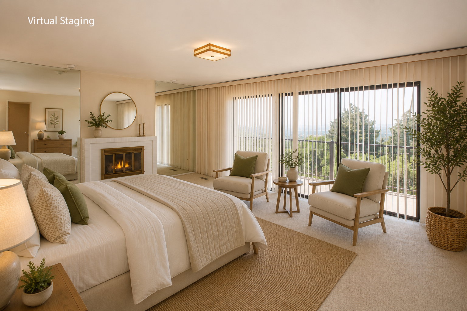 Master suite featuring multiple full-height windows, a built-in fireplace with a white mantel, and mirrored wall panels