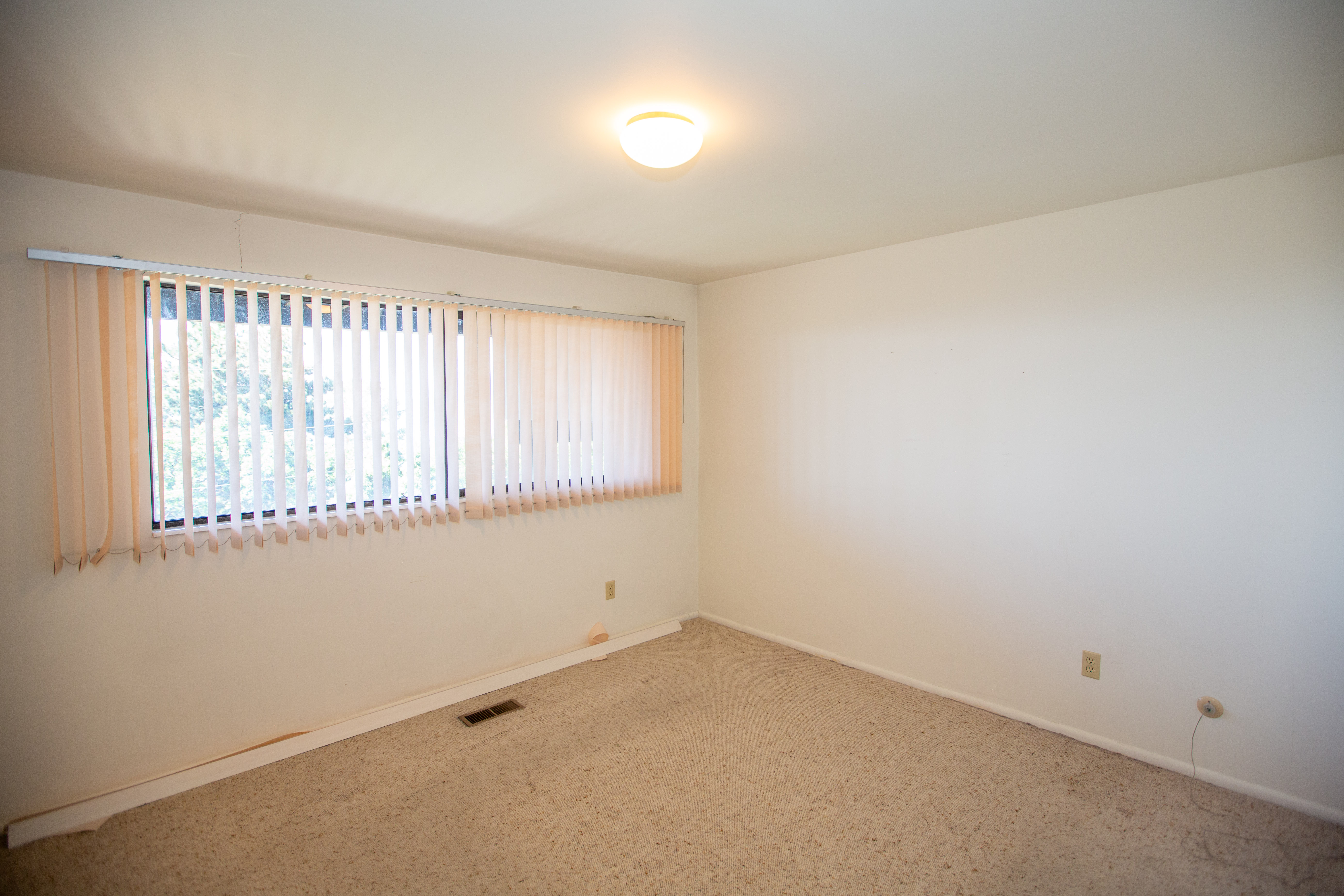 Carpeted bedroom with a large window featuring vertical blinds, a flush-mount ceiling light fixture, and white painted walls