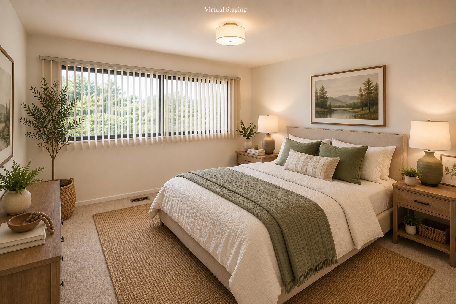 Bedroom featuring a wide window with vertical blinds, a flush mount ceiling light, and carpet flooring