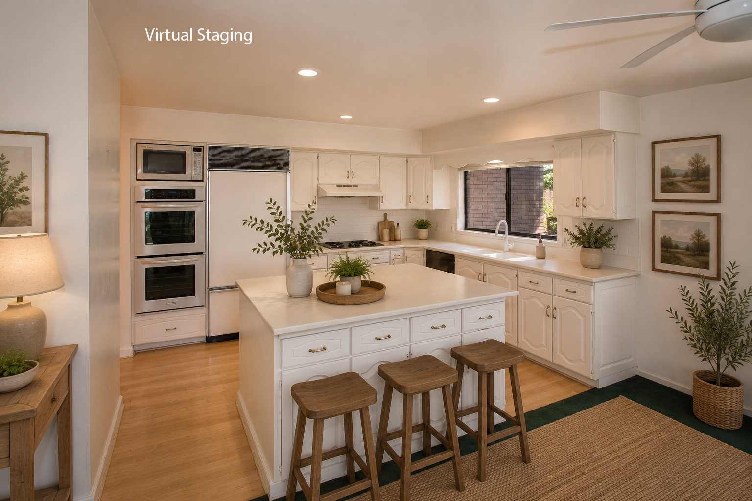 Kitchen featuring white cabinetry, light countertops, wood-finish flooring, recessed lighting, and a kitchen island with storage
