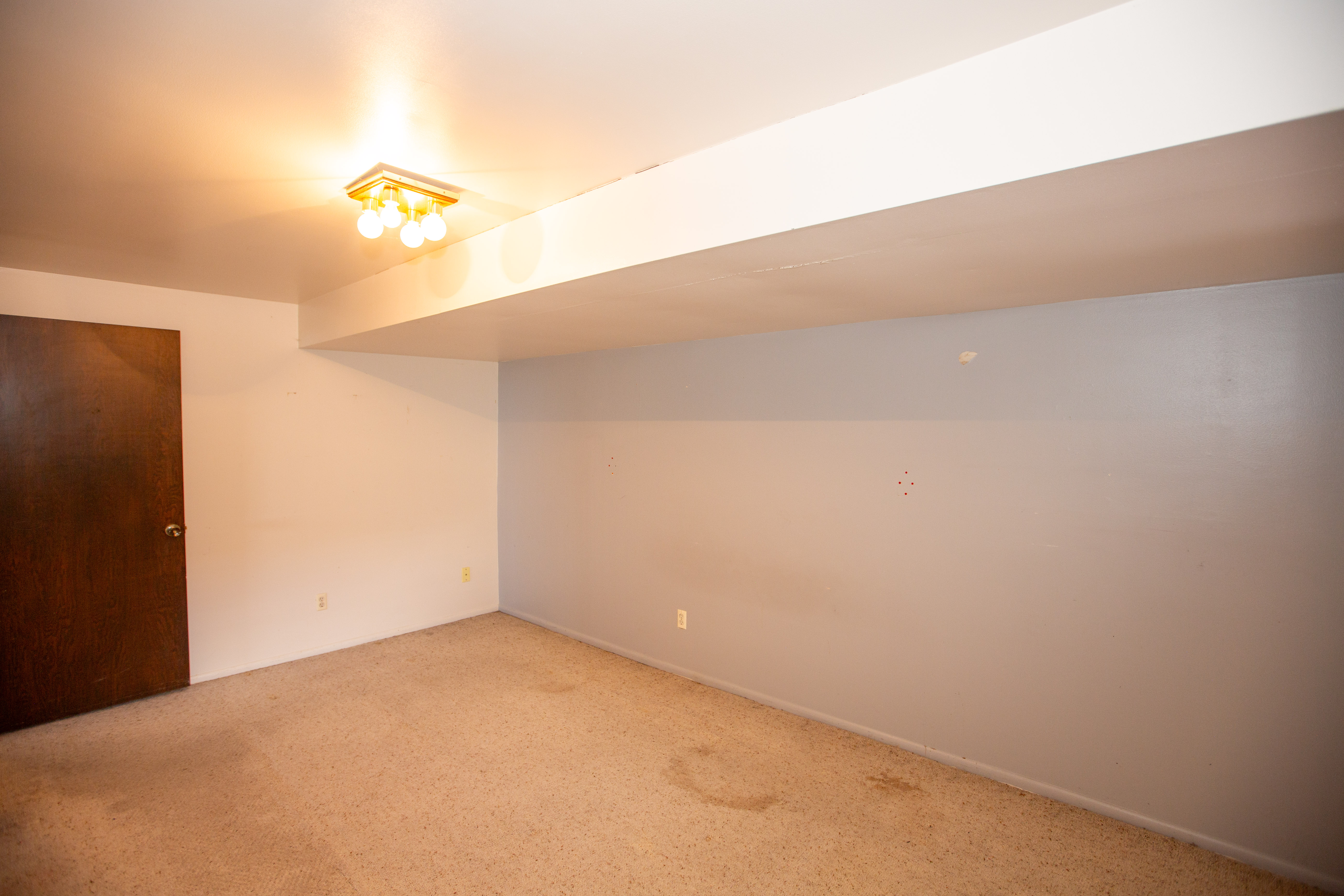 Carpeted bedroom with a flush-mount ceiling light fixture, a dark wood-finish interior door, and a painted accent wall
