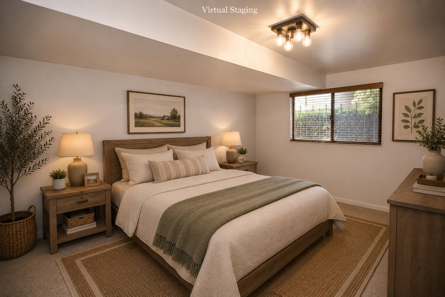 Spacious room featuring neutral carpeting and a large window with blinds