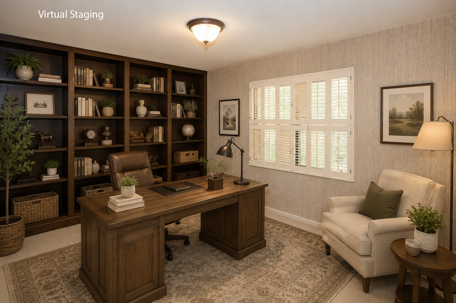 Room featuring extensive built-in wooden shelving, a window with white plantation shutters, textured wall covering, recessed ceiling light fixture, and wood-finish flooring