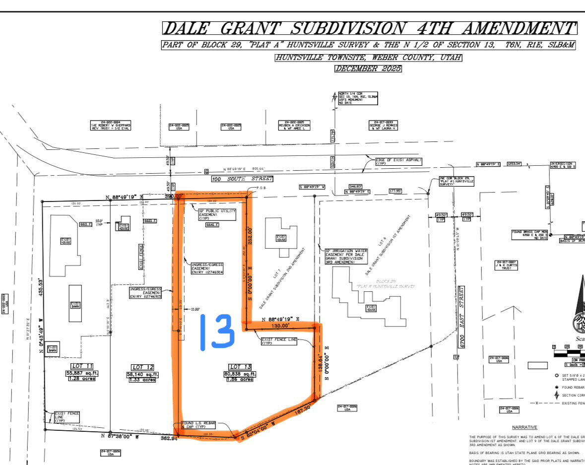 Dale Grant Subdivision Plat Amendment #4 (approved June 2026).  Lot #13 is 1.86 acres with 130 ft roadside frontage access and 276 ft of beach front access just 50-yards away