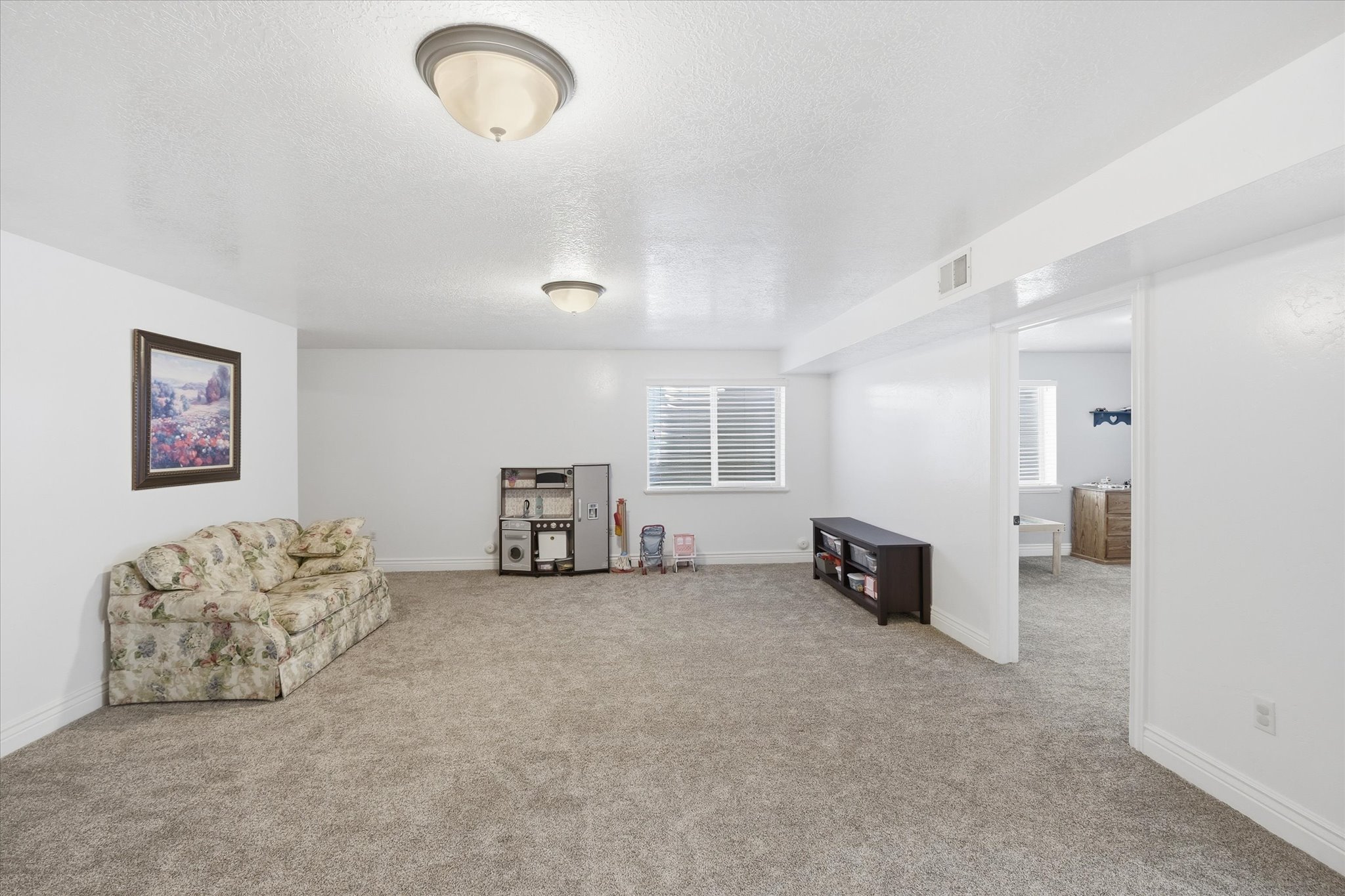 Spacious carpeted room featuring white walls, two flush-mount ceiling lights, and a window with horizontal blinds