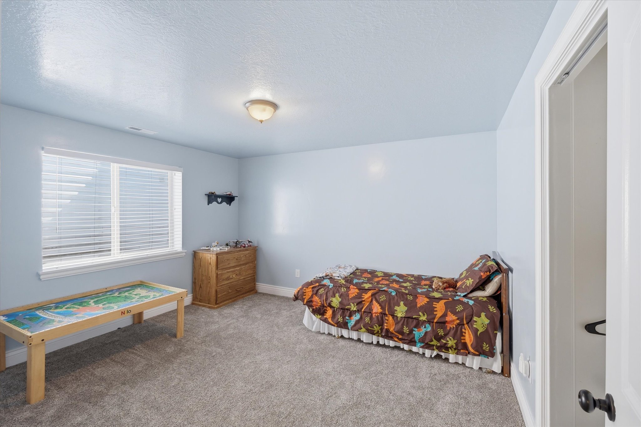 Carpeted room featuring light blue walls, a double window with blinds, and a flush mount ceiling light fixture